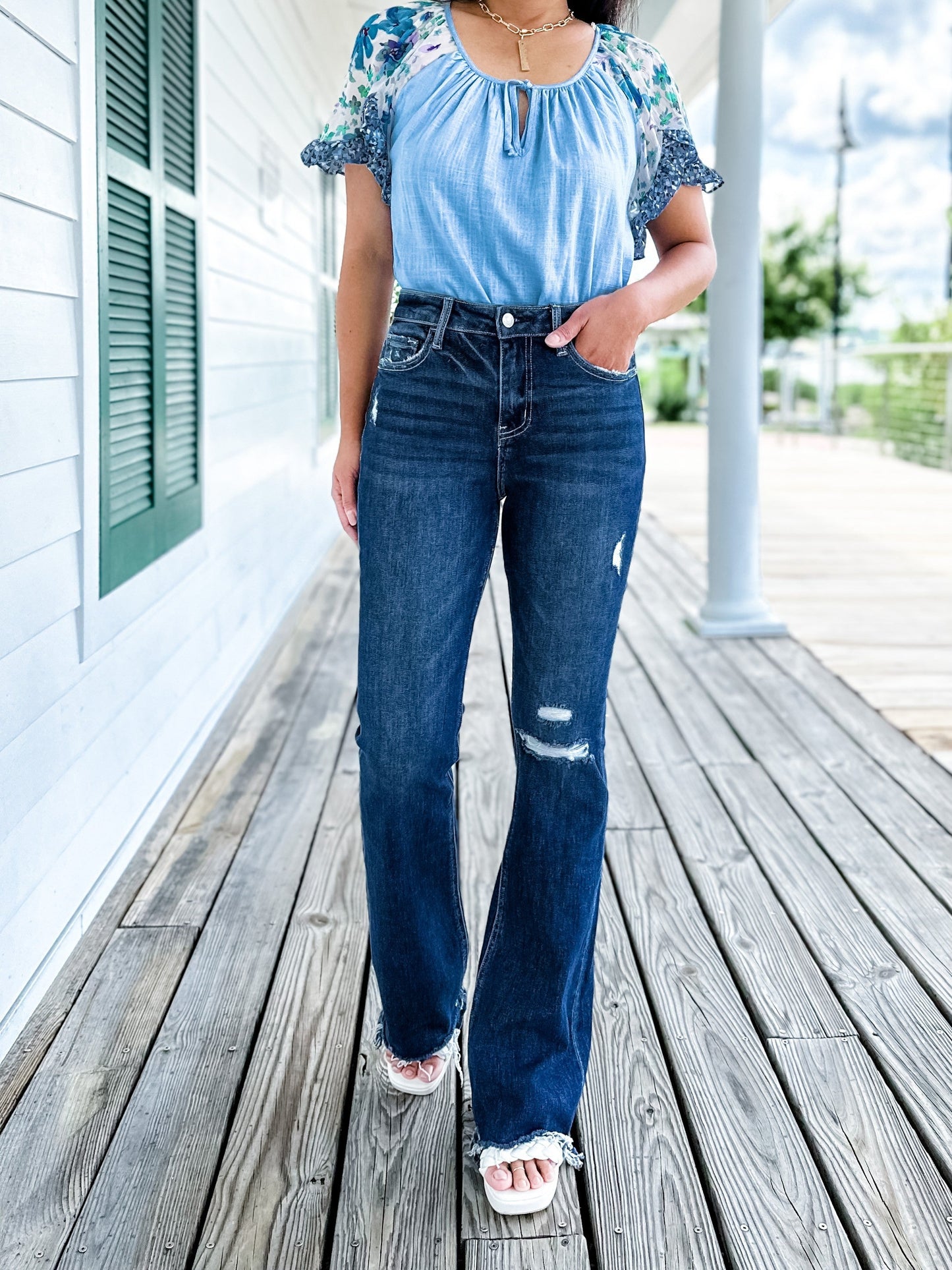 Plus/Reg Vervet High Rise Distressed Flare Jeans With Raw Hem