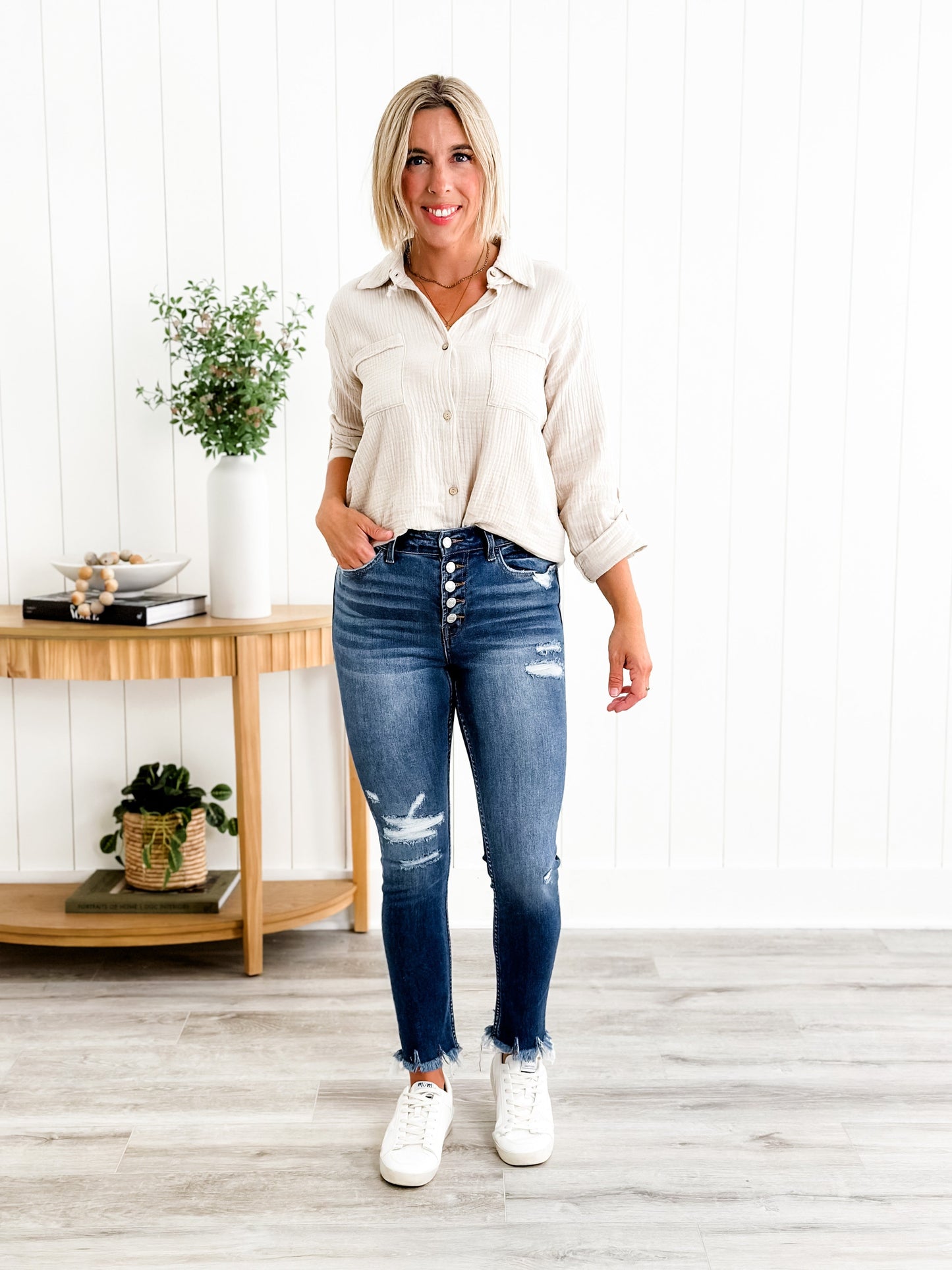 Vervet Parkside Medium Wash Distressed Button Down Skinny Jeans with Raw Ankle Hem
