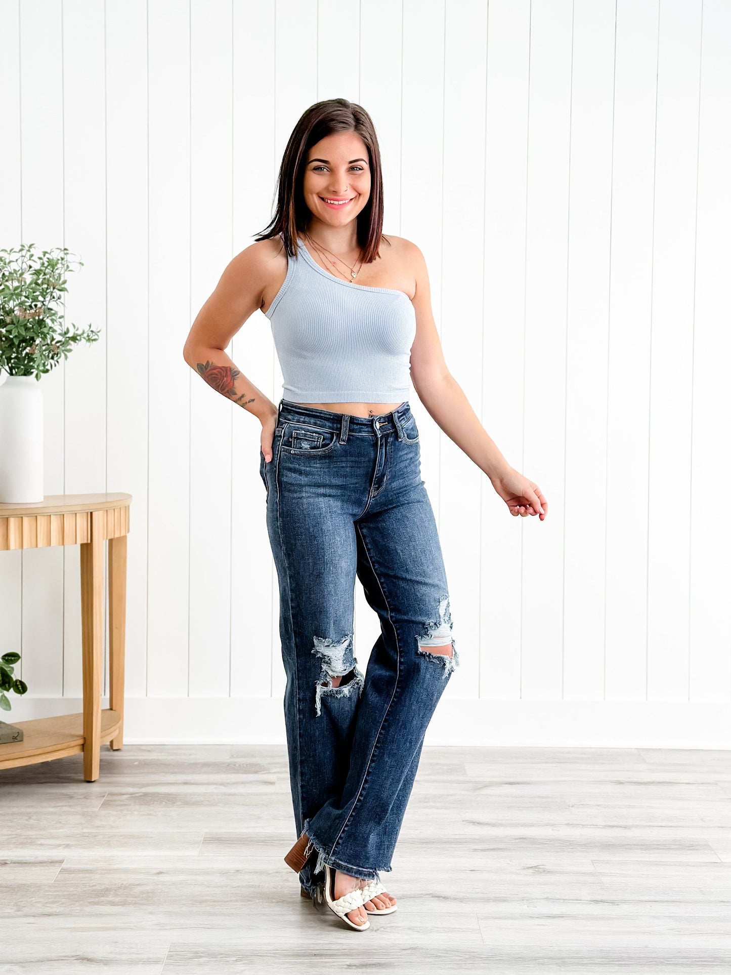 Judy Blue Jagged Little Pill High Rise Dark Wash 90's Destroyed Knee Straight Leg Jeans