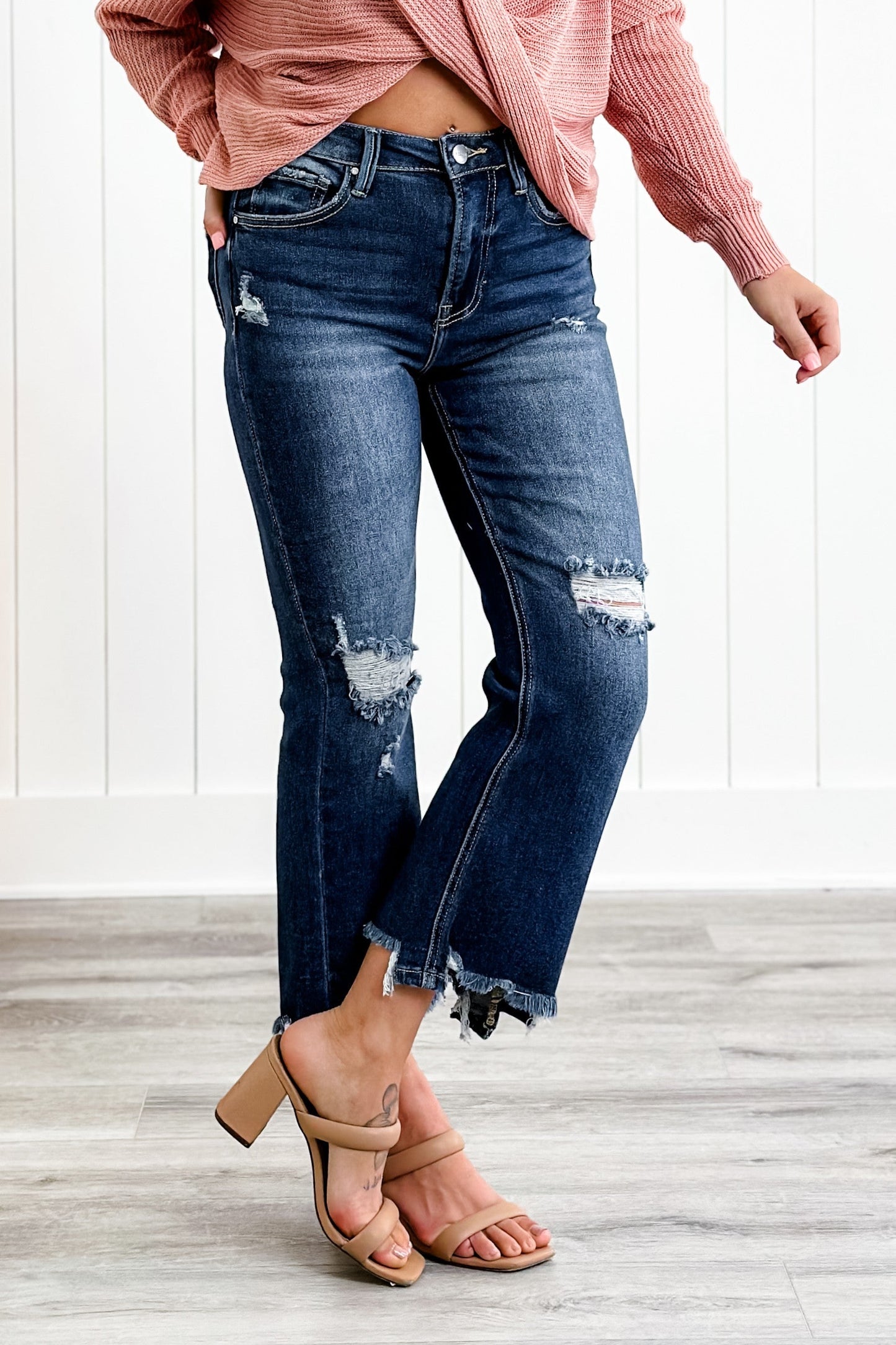 Risen High Rise Dark Wash Crop Step Chew Jeans