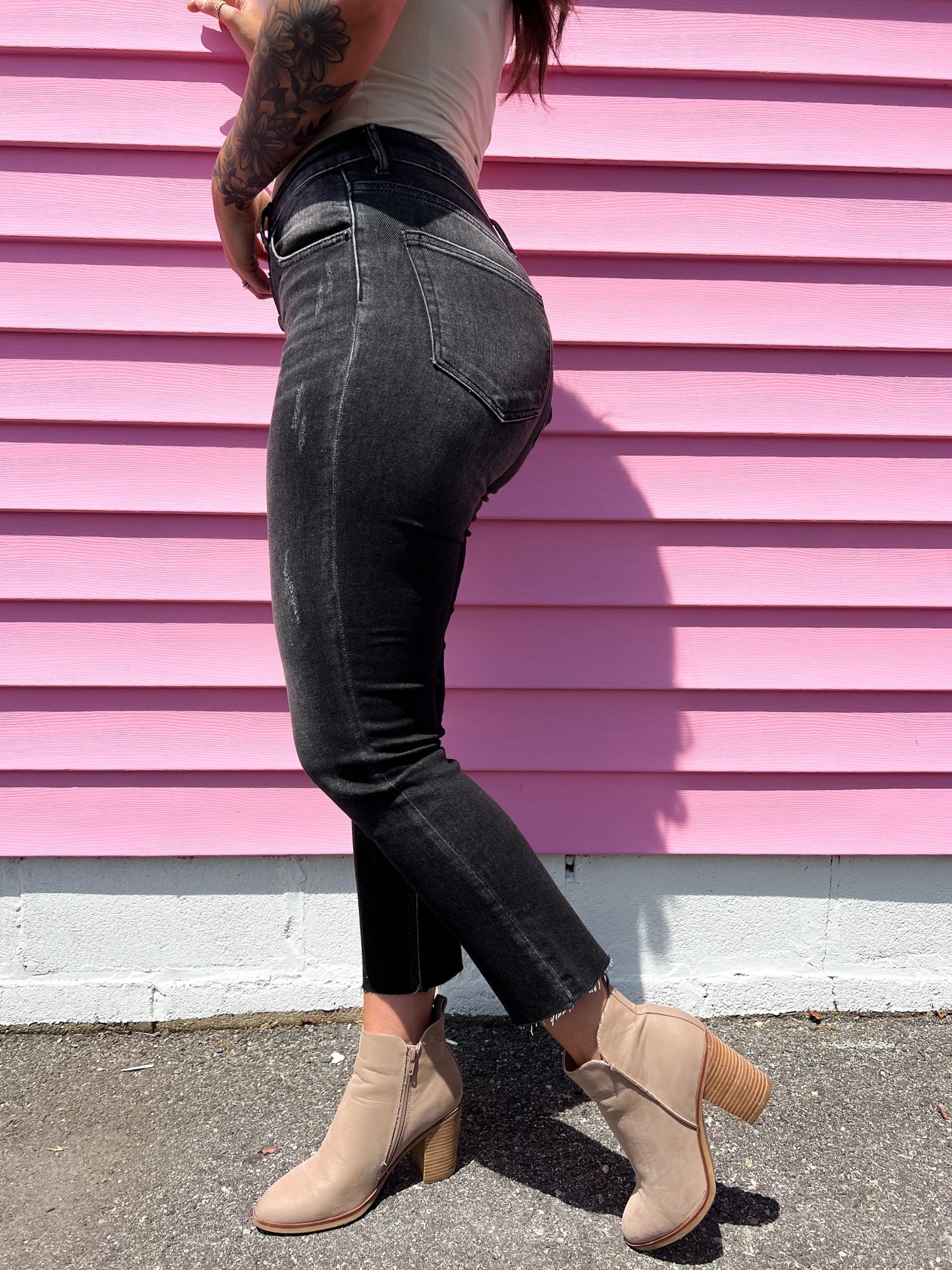 Risen Black Mid Rise Button Fly Relaxed Fit Skinny Jeans