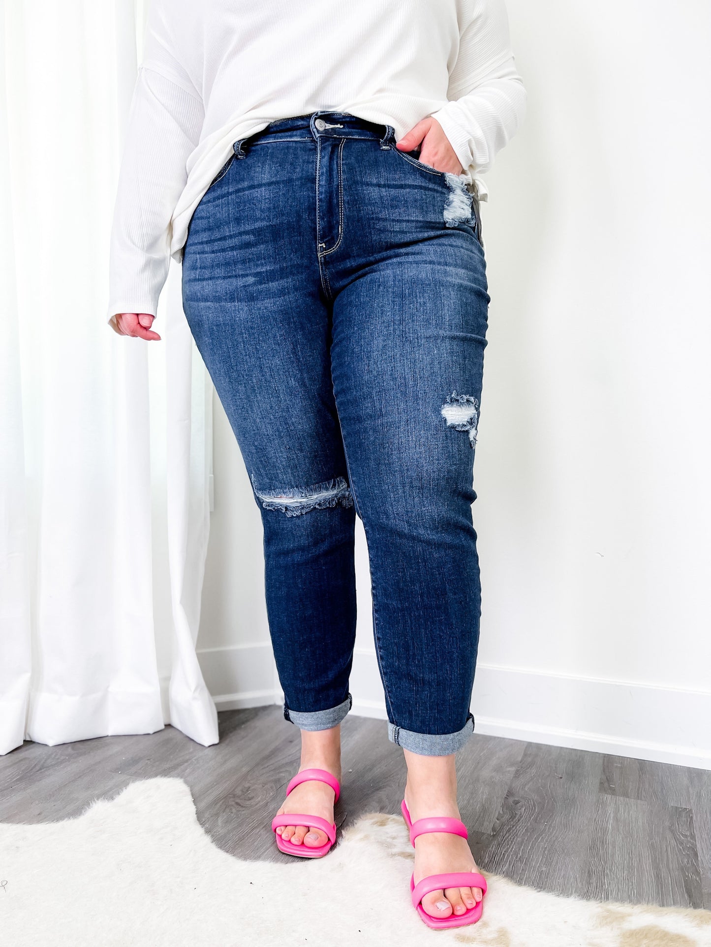 Judy Blue Casual Friday High Rise Cuffed Boyfriend Distressed Jeans
