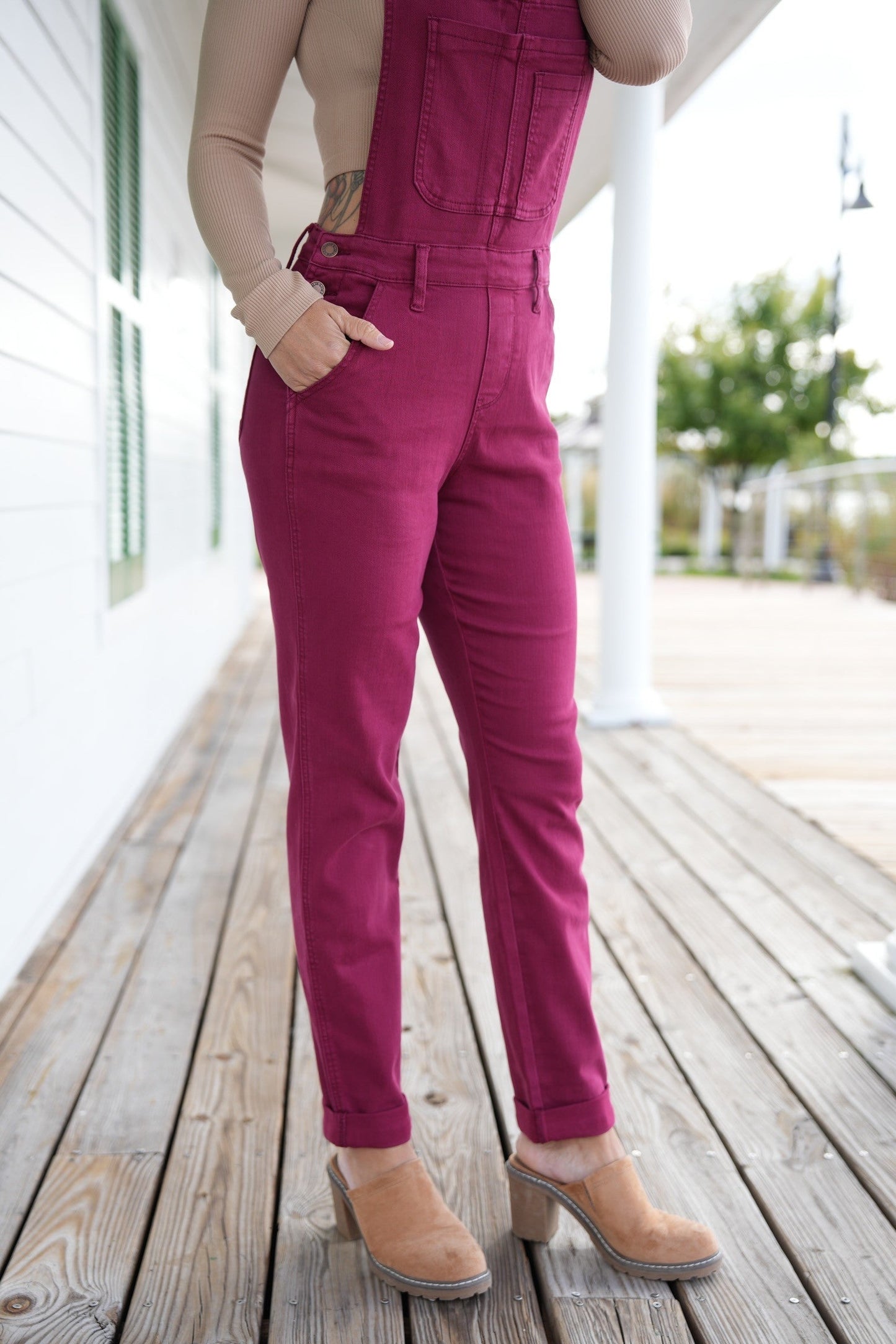 Judy Blue High Rise Maroon Garment Dyed Double Cuffed Boyfriend Overalls