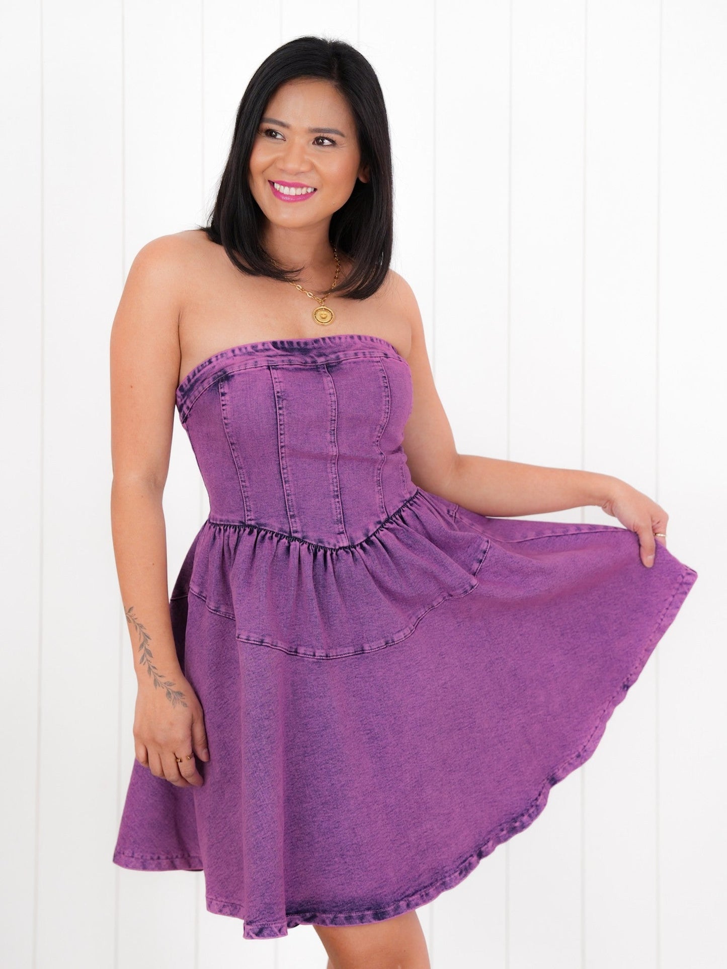 Plus/Reg Strapless Tiered Mini Dress With Back Zipper Detail