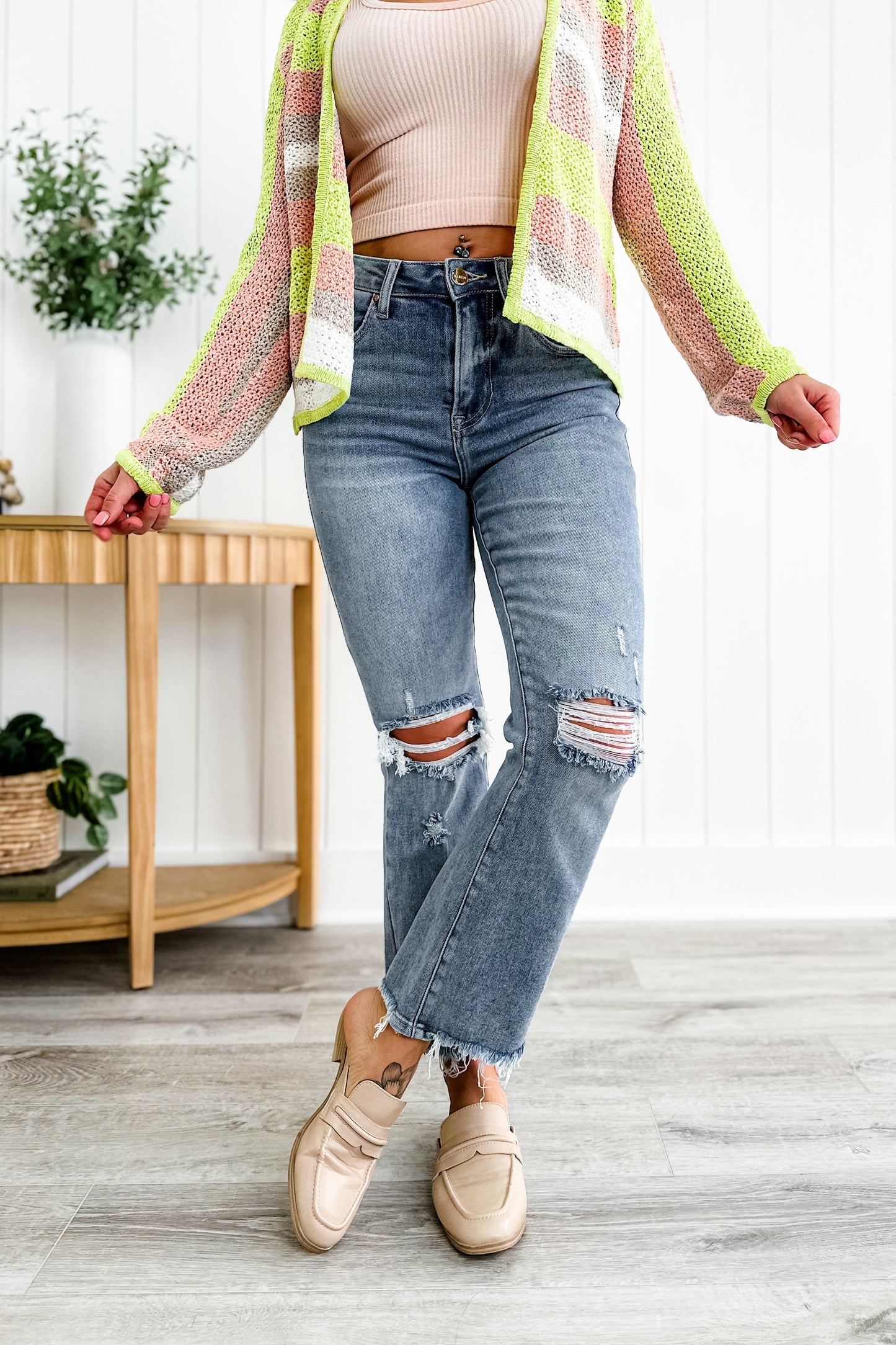 Risen Stella Babe High Rise Light Wash Cropped Distressed Flare Jeans