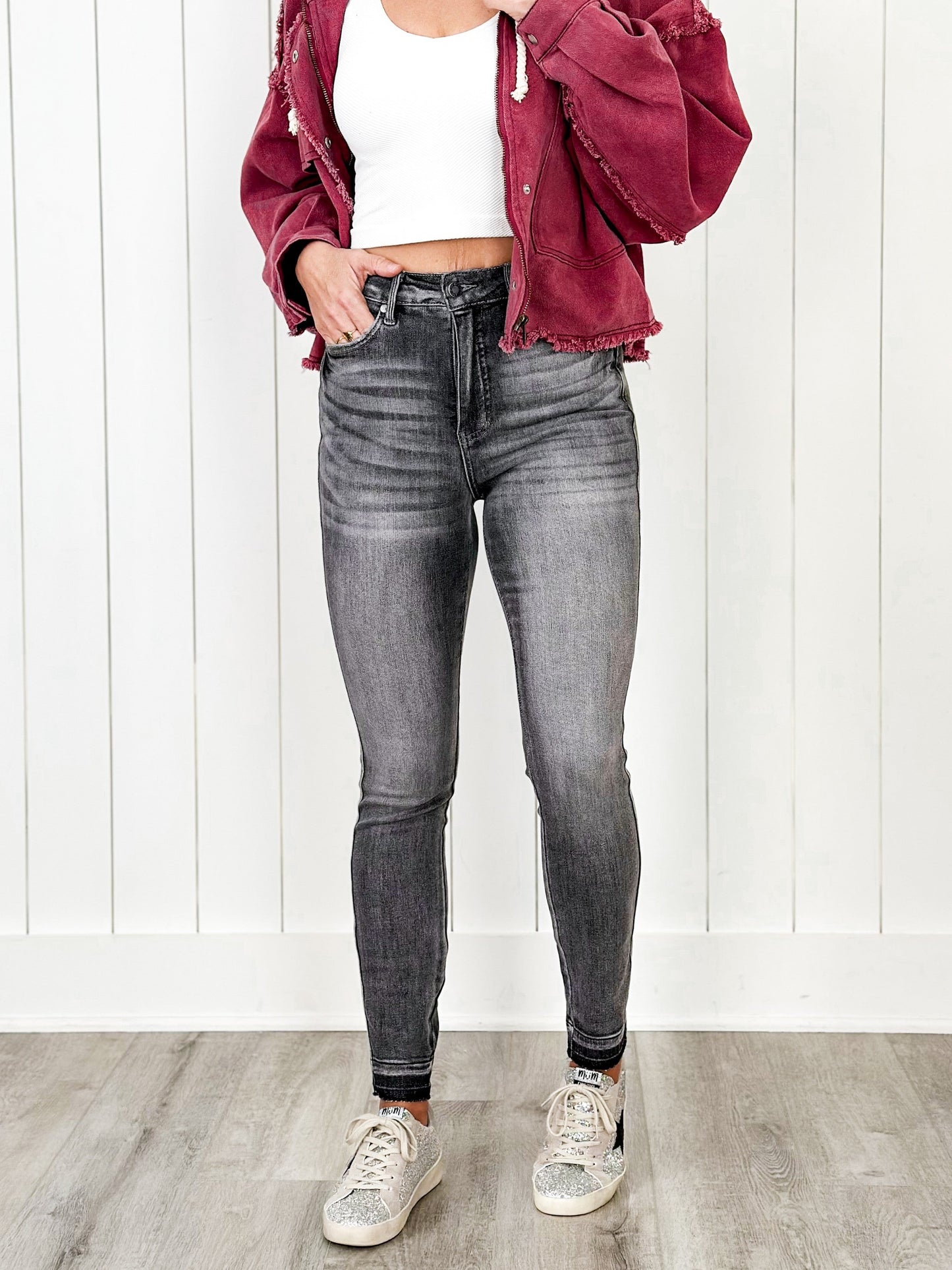 Judy Blue 50 Shades of Grey High Rise Grey Wash Tummy Control Skinny Jeans With Release Hem