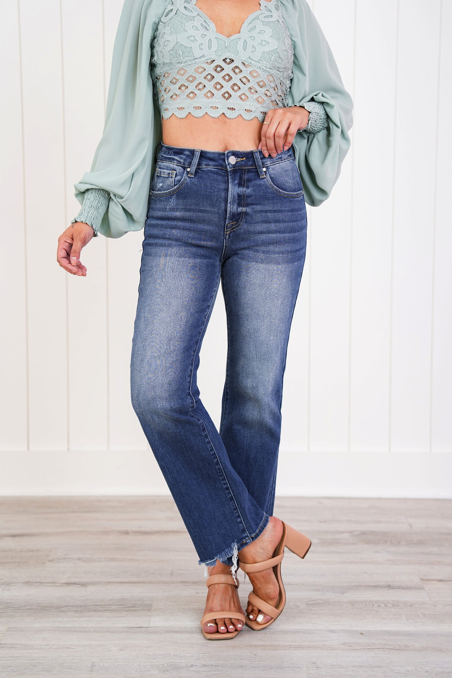Risen Cropped to Perfection High Rise Dark Wash Relaxed Straight Leg Jeans