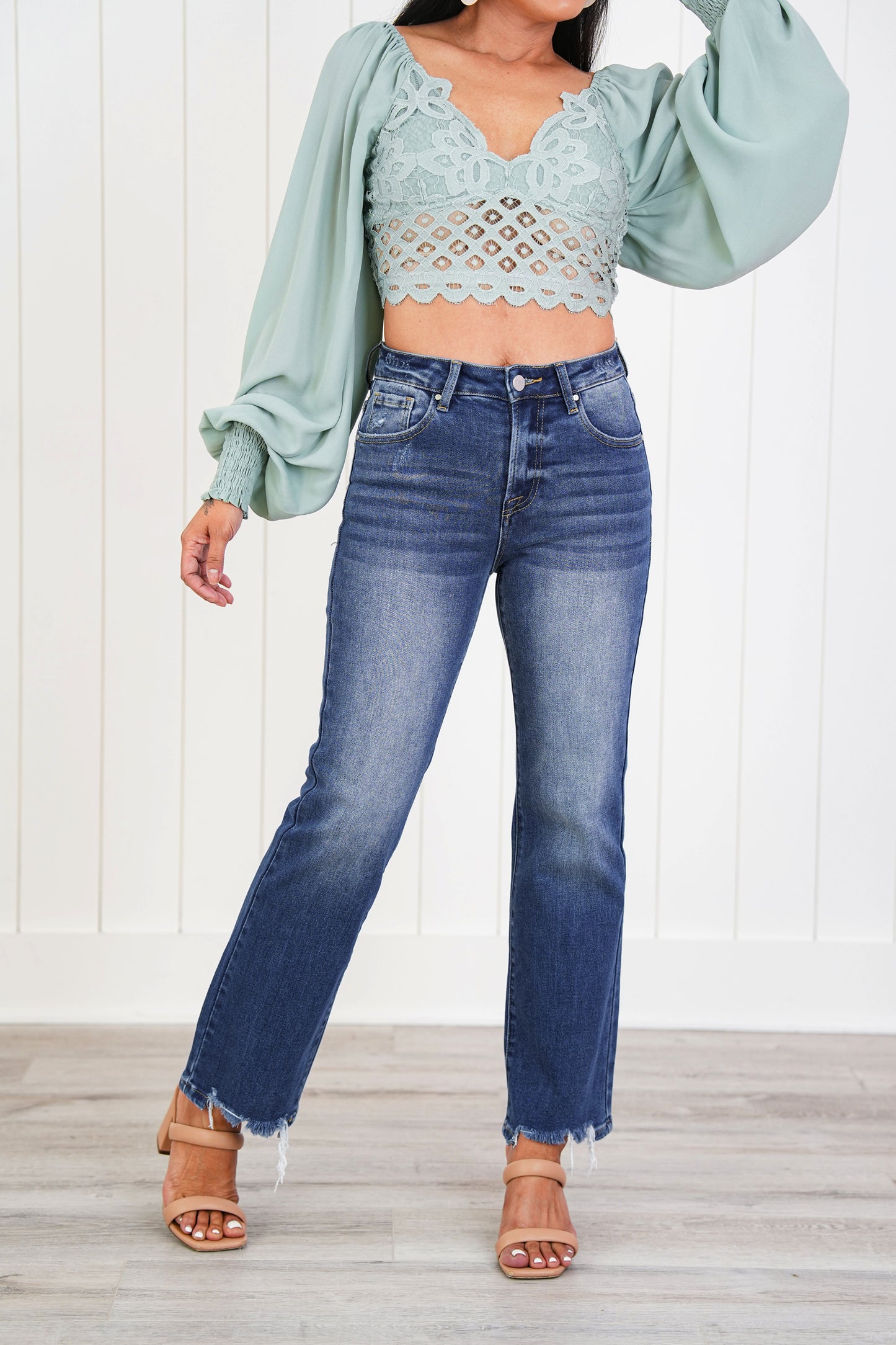 Risen Cropped to Perfection High Rise Dark Wash Relaxed Straight Leg Jeans