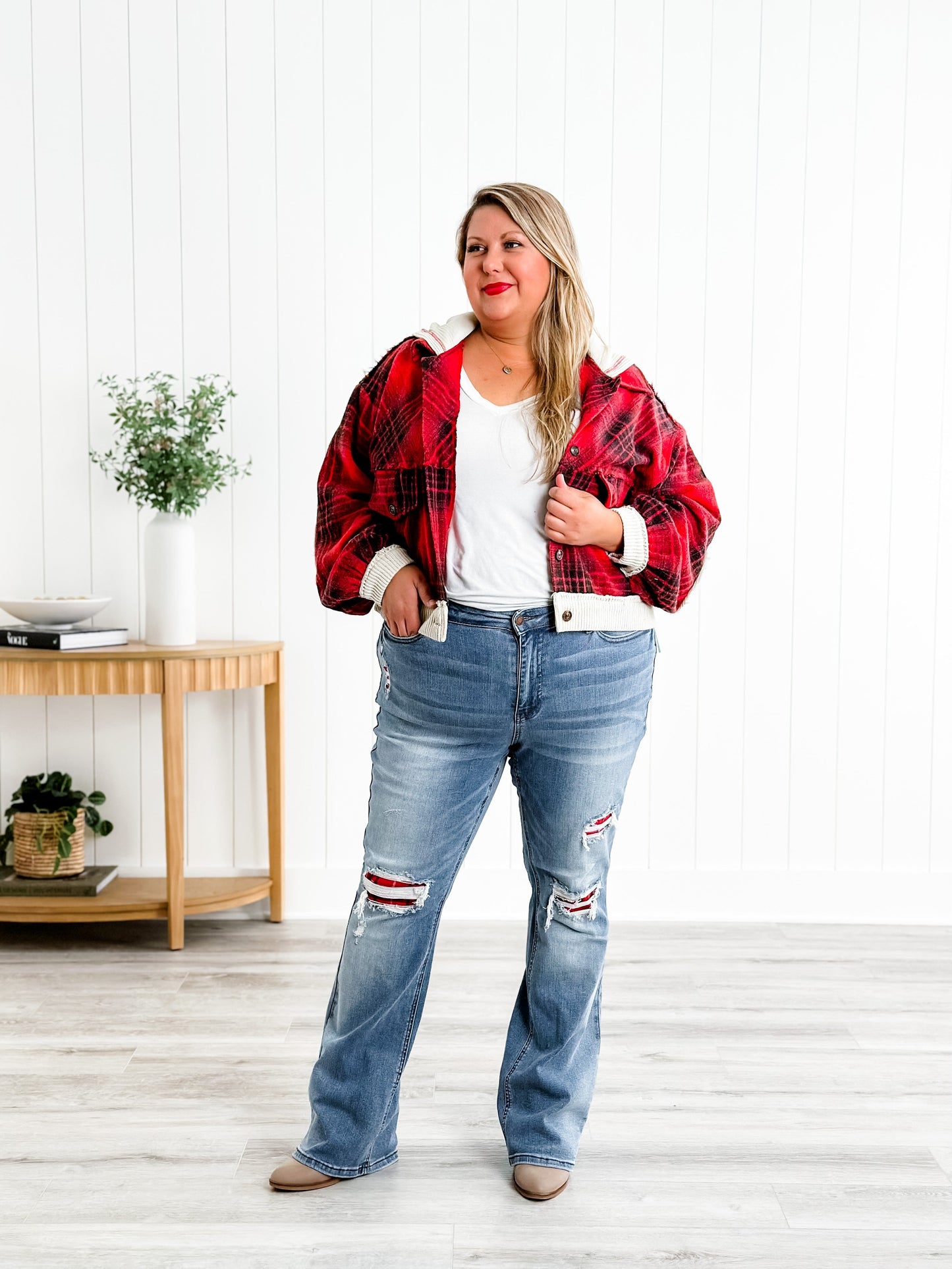 Judy Blue Plaid for You Mid Rise Medium Wash Bootcut Jeans With Patch Detail