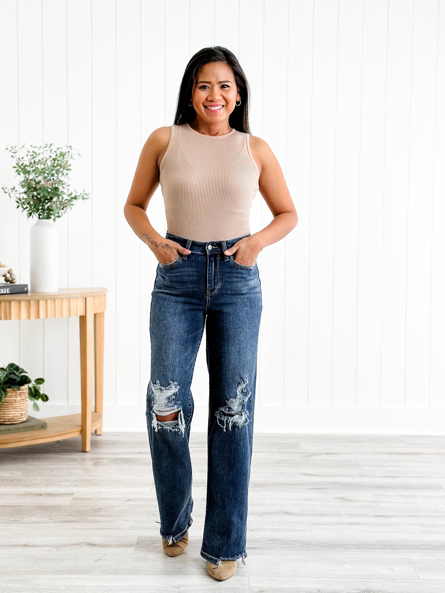 Judy Blue Jagged Little Pill High Rise Dark Wash 90's Destroyed Knee Straight Leg Jeans