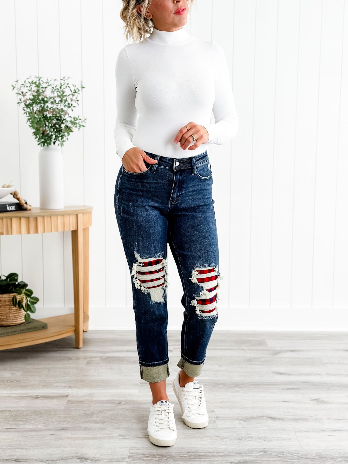 Judy Blue Warm and Cozy Mid Rise Dark Wash Boyfriend Buffalo Plaid Knee Destroy Patches With Cuff Jeans