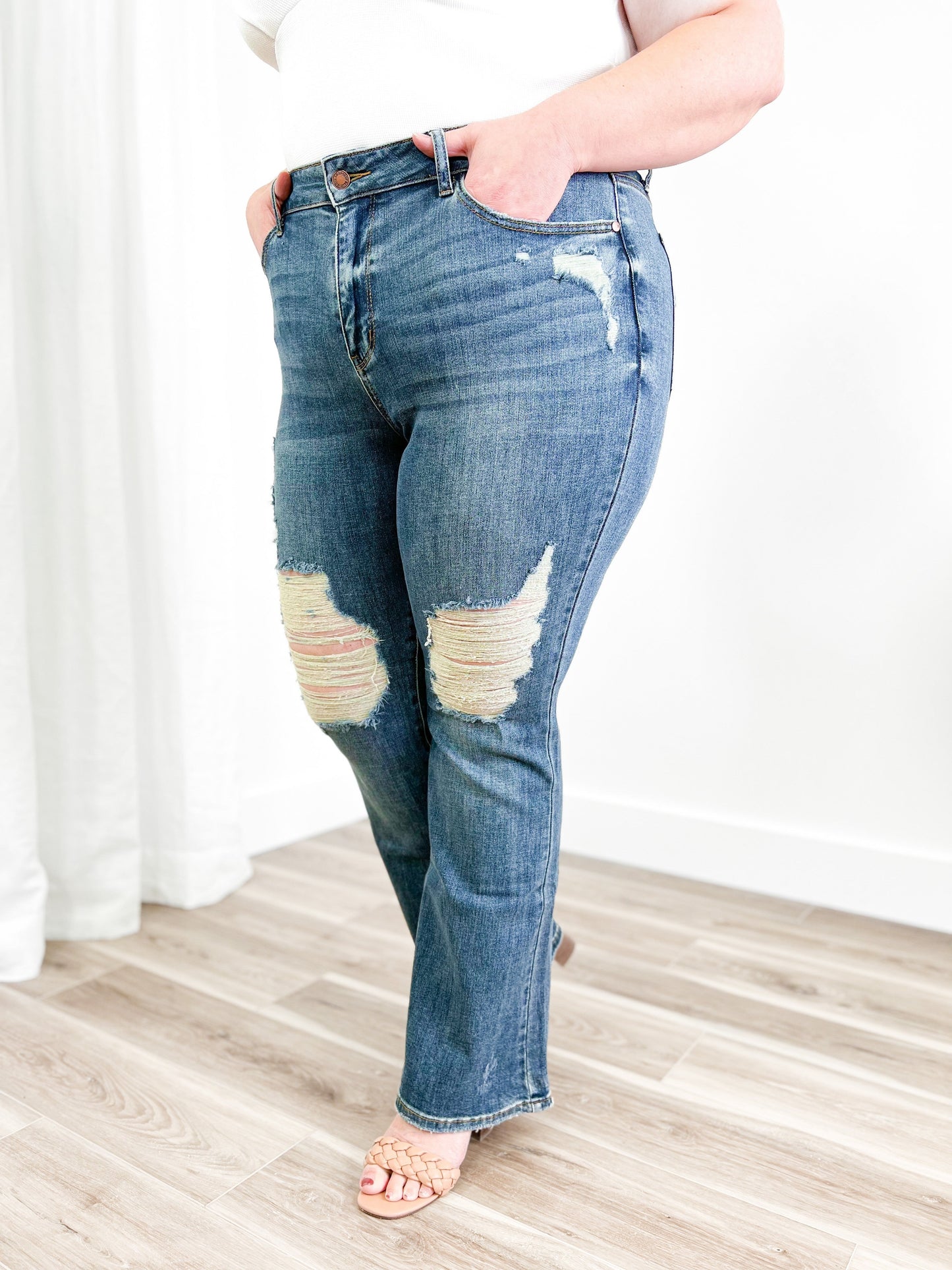 Judy Blue Country Roads Medium Wash Mid Rise Distressed Flare Long Inseam Jeans