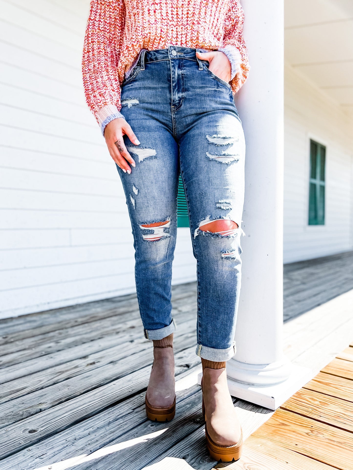 Judy Blue Boy Toy Light Wash High Rise Cuffed Boyfriend Distressed Jeans