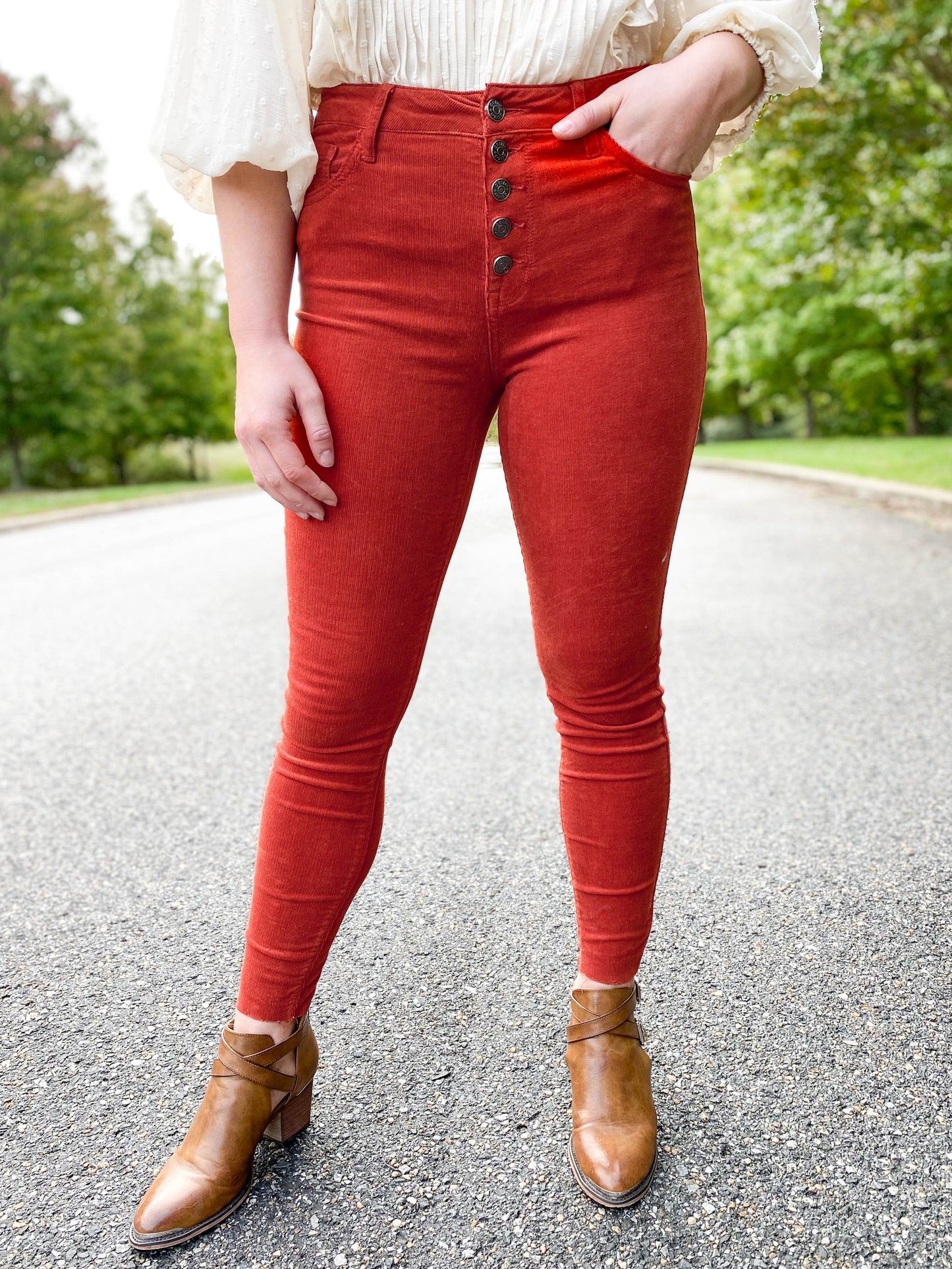 Cello High Rise Button Fly Corduroy Skinnies