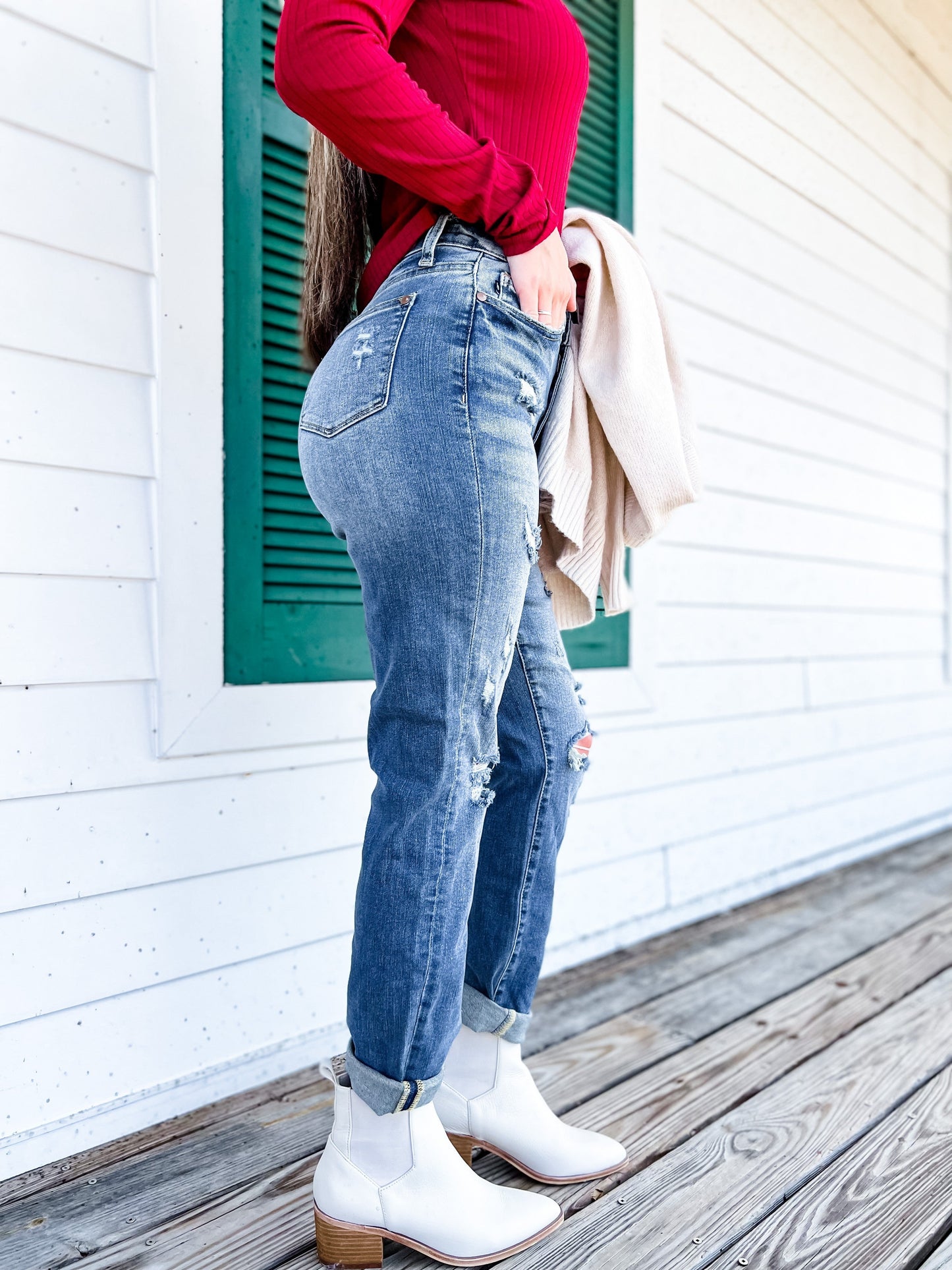 Judy Blue Boy Toy Light Wash High Rise Cuffed Boyfriend Distressed Jeans