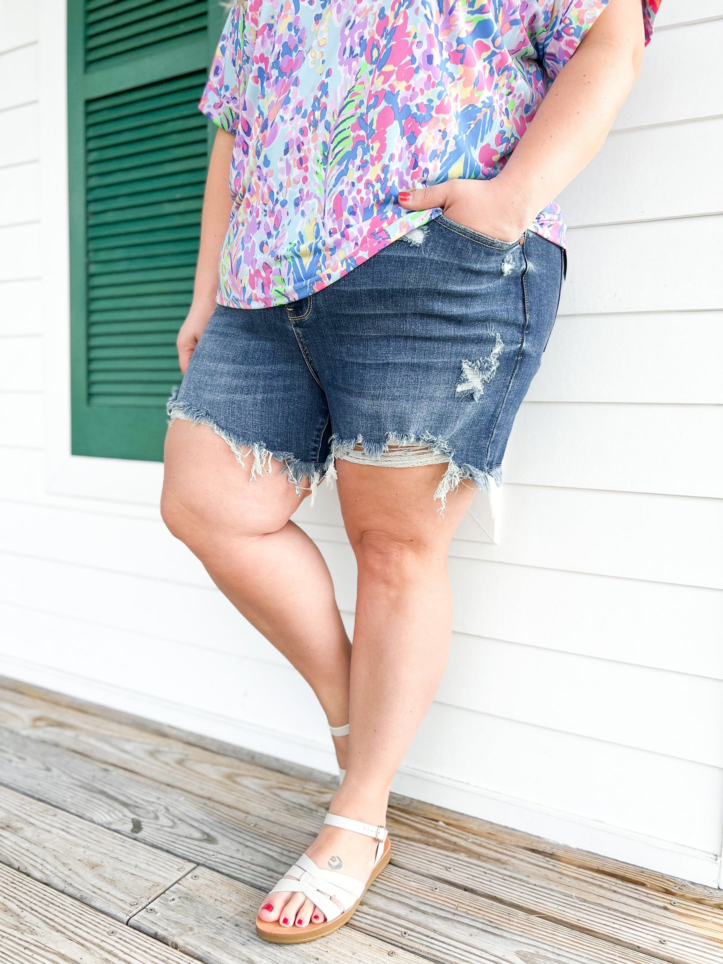 Judy Blue Hot Girl Summer Dark Wash Destroyed Fray Hem Shorts