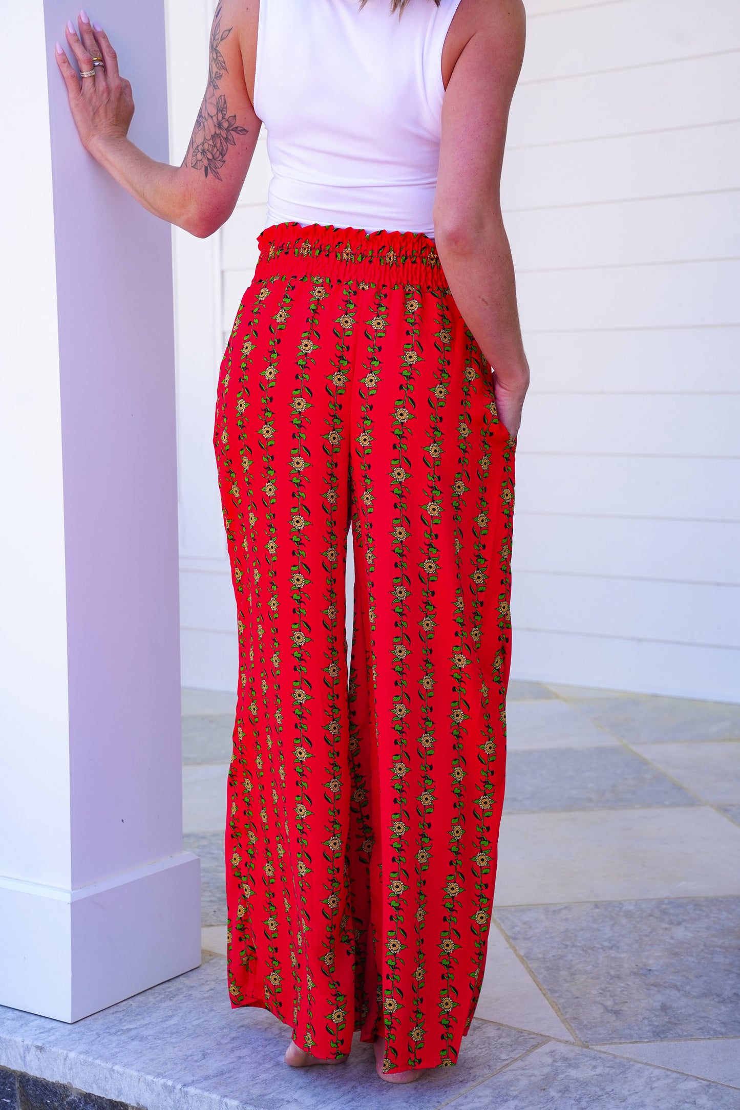 Plus/Reg Floral Print High Waist Wide Leg Pants with Side Pockets