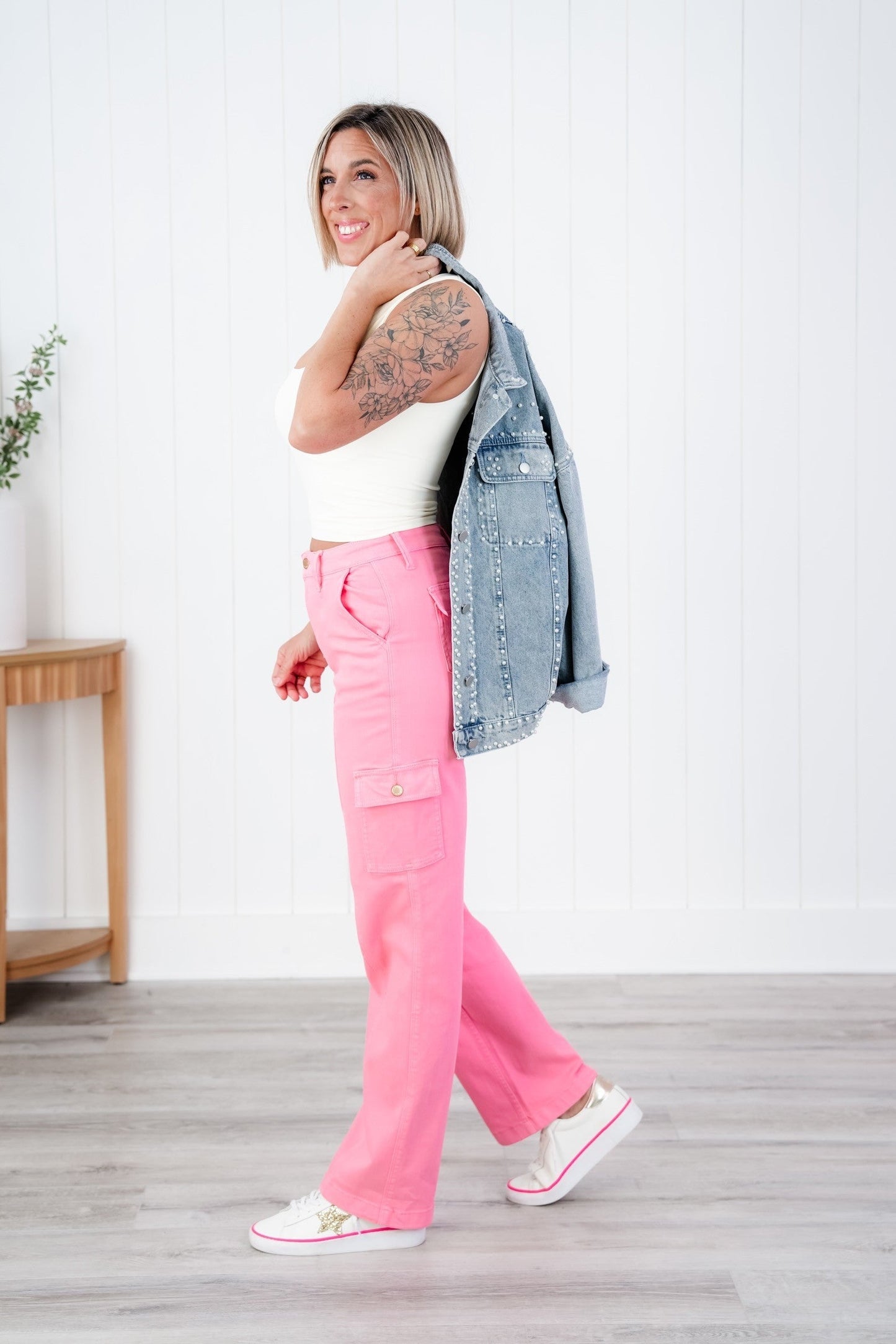 Judy Blue High Rise Pink Garment Dyed Cargo Straight Leg Jeans