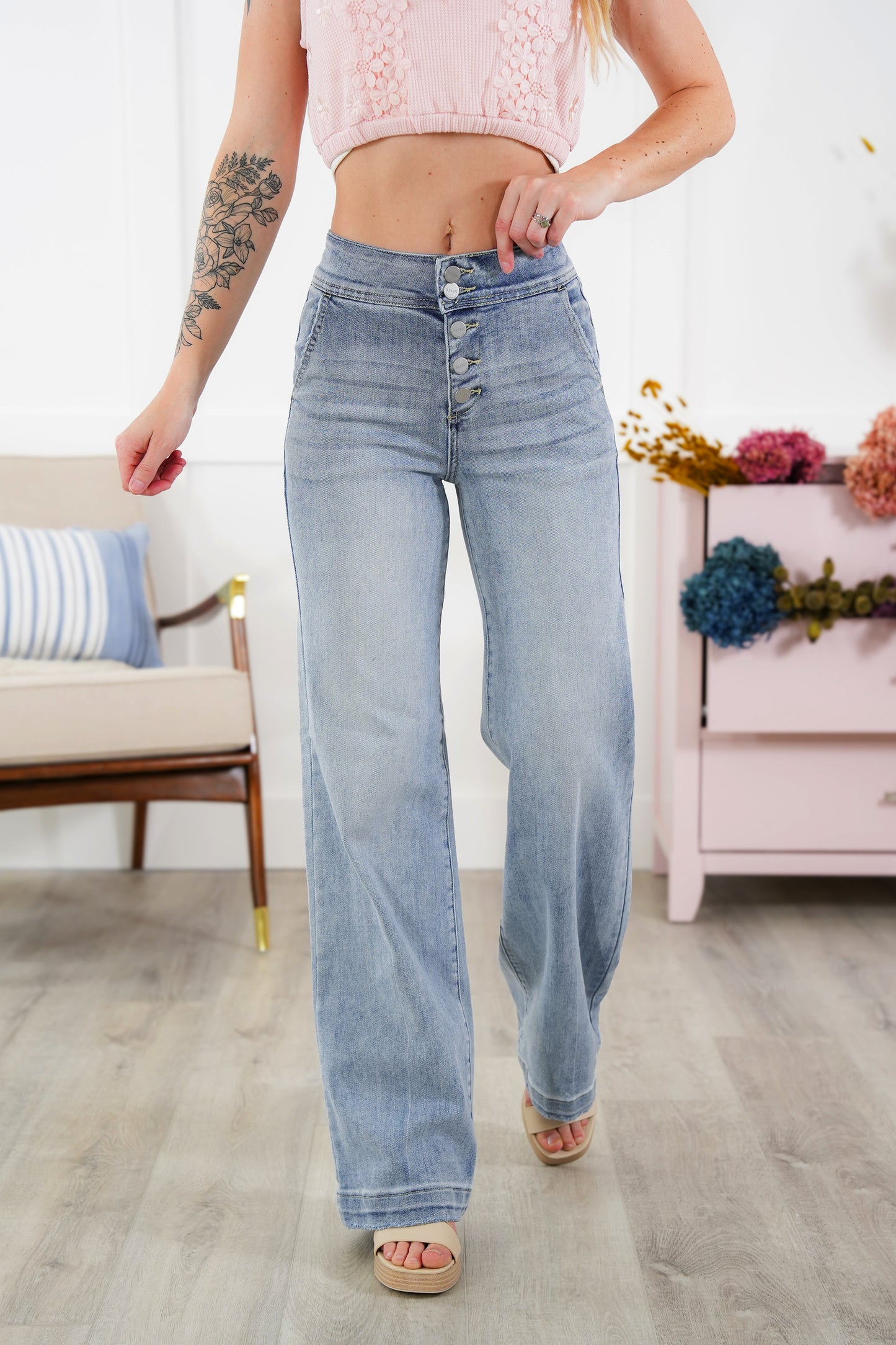 Risen High Rise Light Wash Wide Leg Flare Jeans