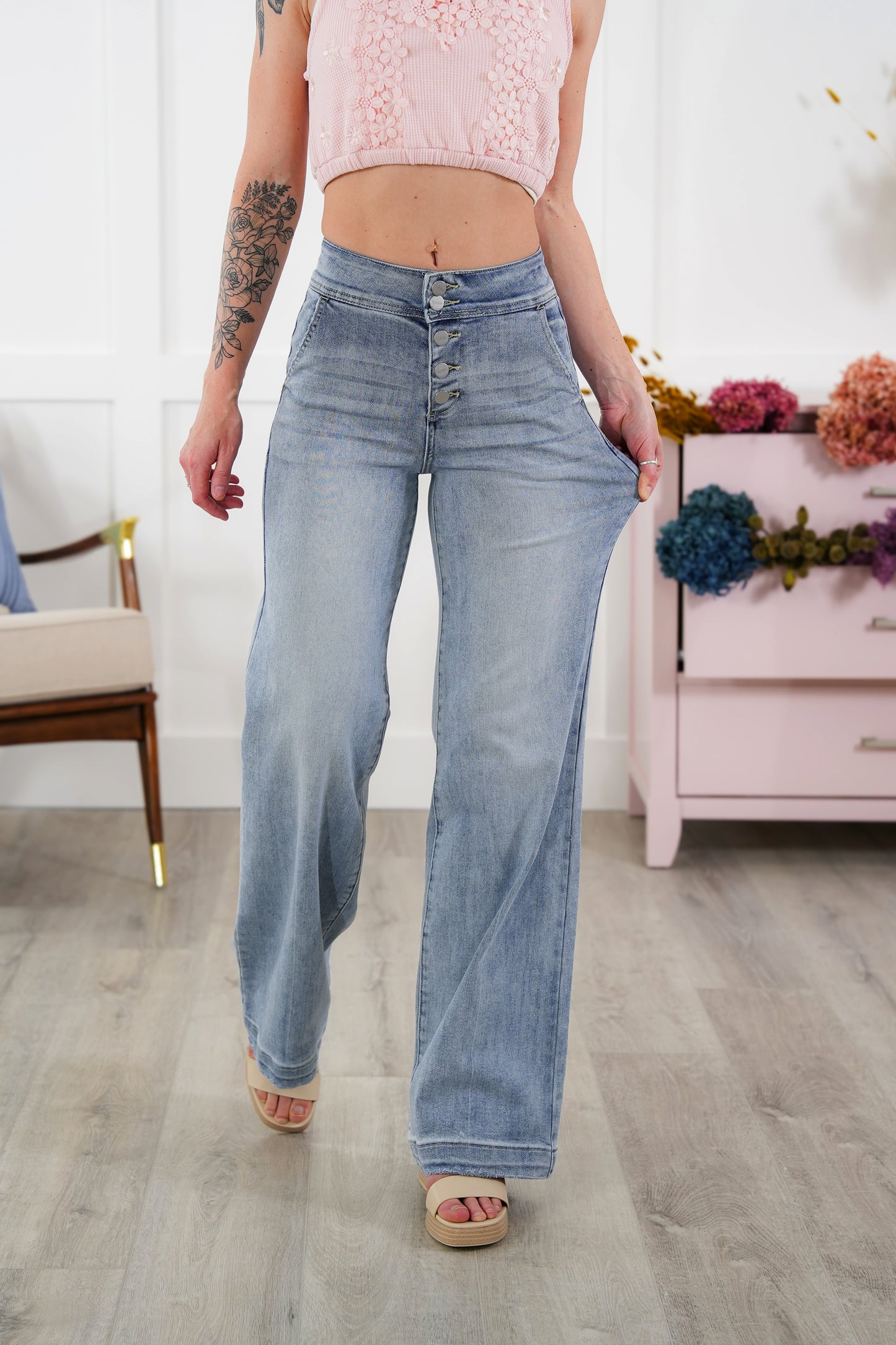 Risen High Rise Light Wash Wide Leg Flare Jeans
