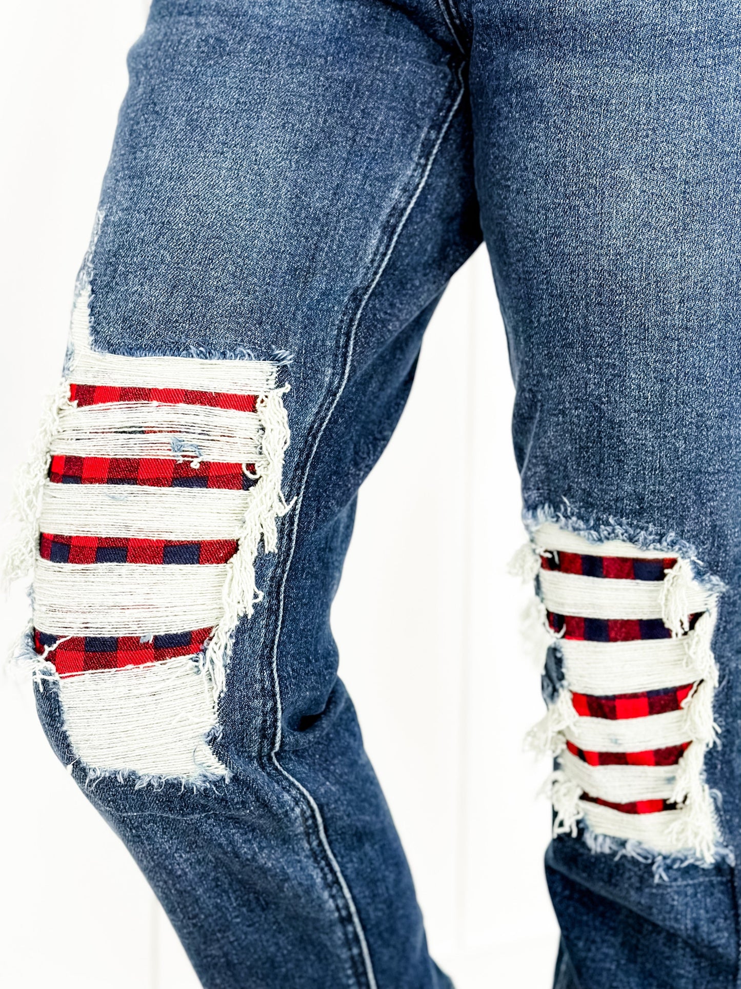 Judy Blue Warm and Cozy Mid Rise Dark Wash Boyfriend Buffalo Plaid Knee Destroy Patches With Cuff Jeans