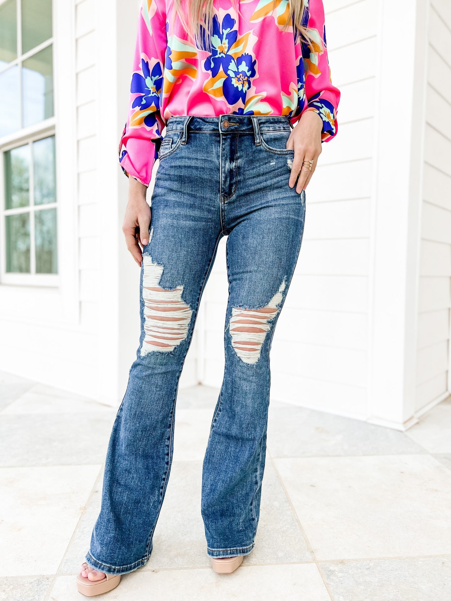 Judy Blue Country Roads Medium Wash Mid Rise Distressed Flare Long Inseam Jeans