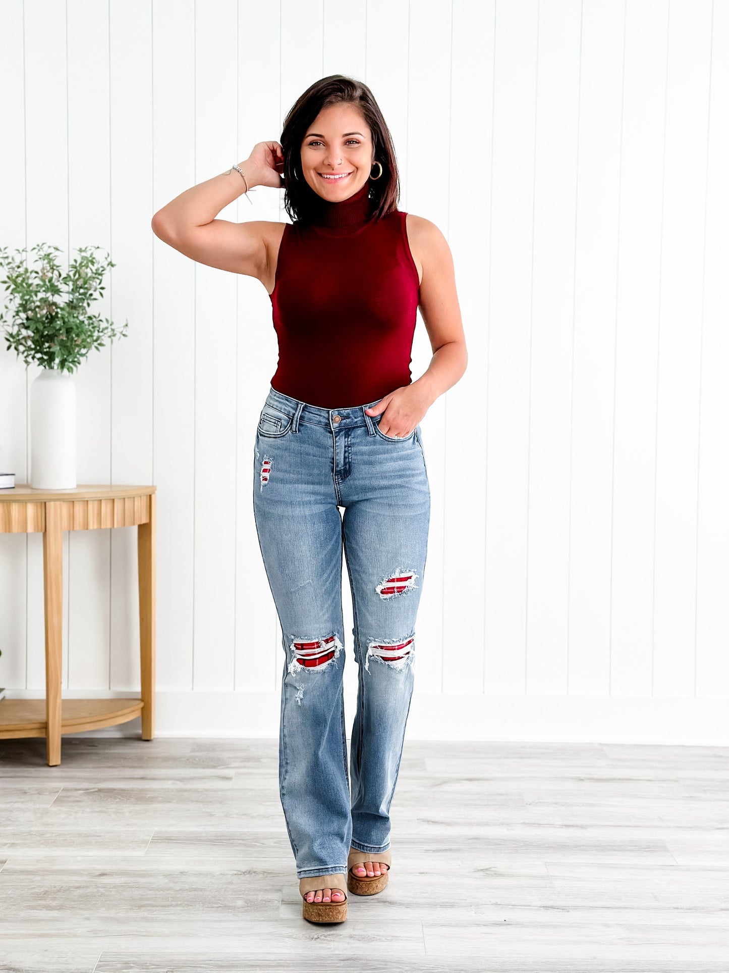 Judy Blue Plaid for You Mid Rise Medium Wash Bootcut Jeans With Patch Detail