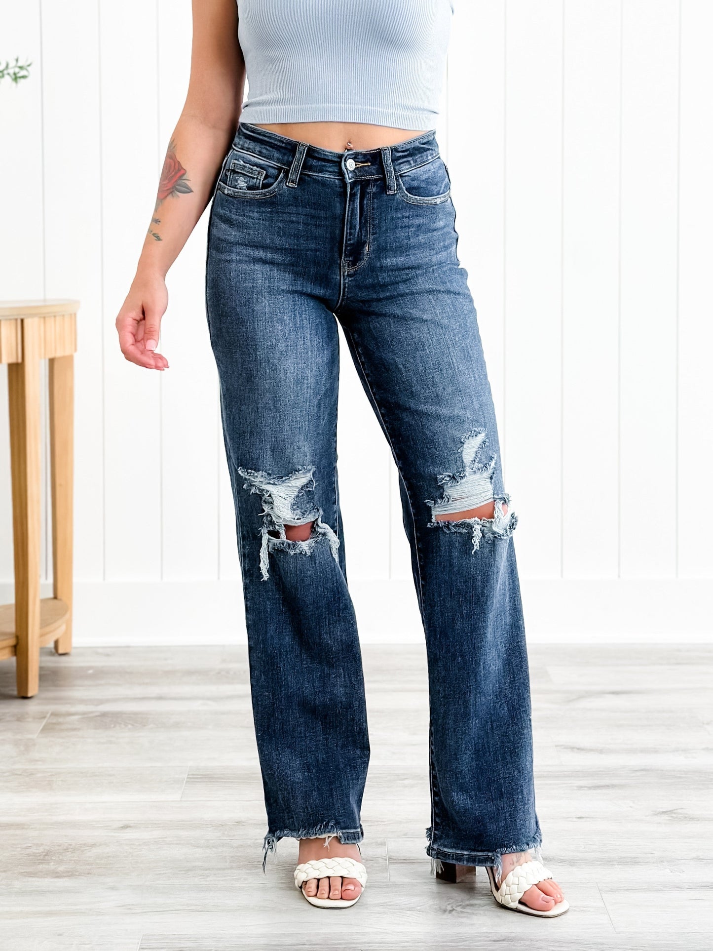 Judy Blue Jagged Little Pill High Rise Dark Wash 90's Destroyed Knee Straight Leg Jeans