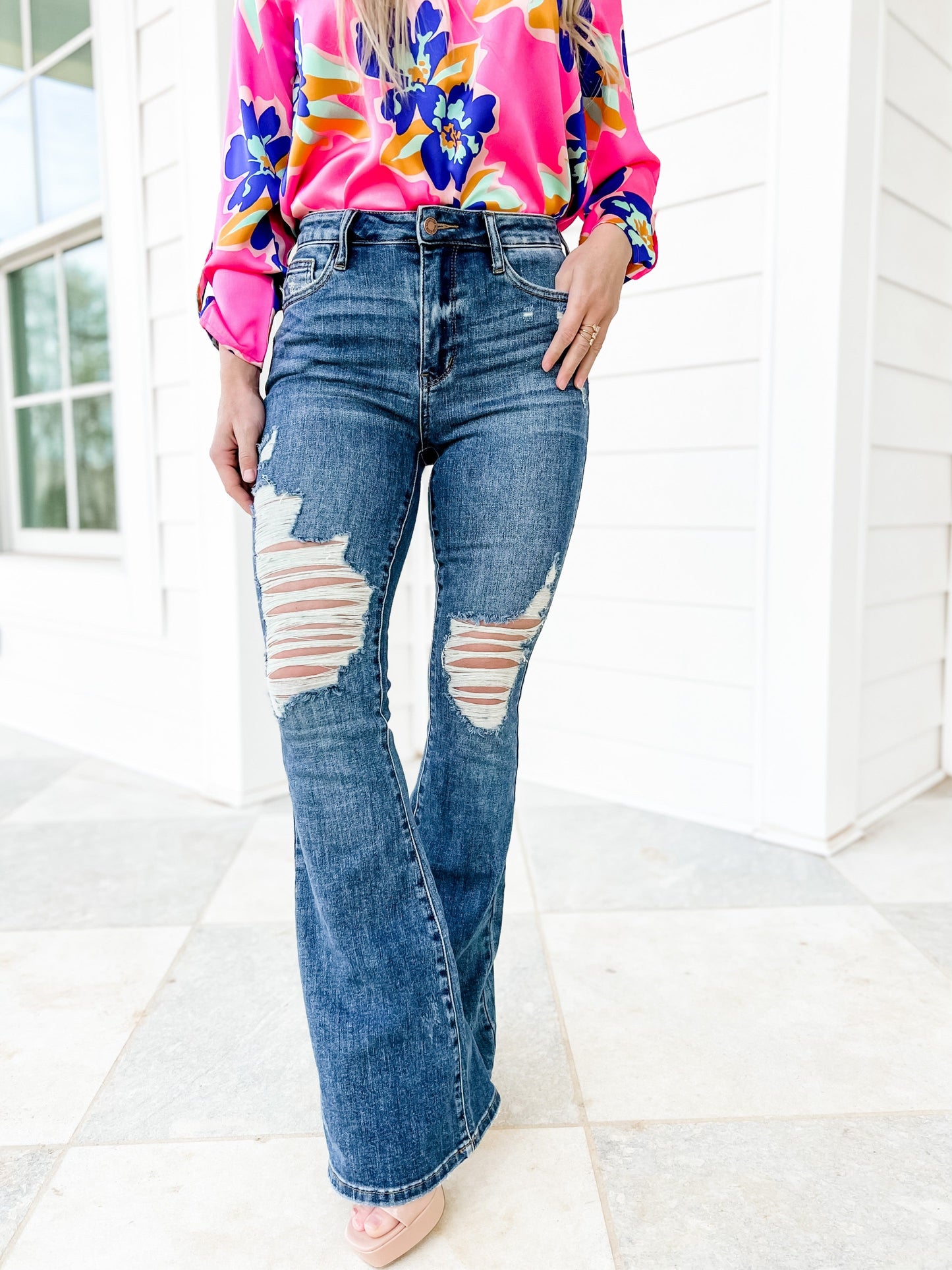 Judy Blue Country Roads Medium Wash Mid Rise Distressed Flare Long Inseam Jeans