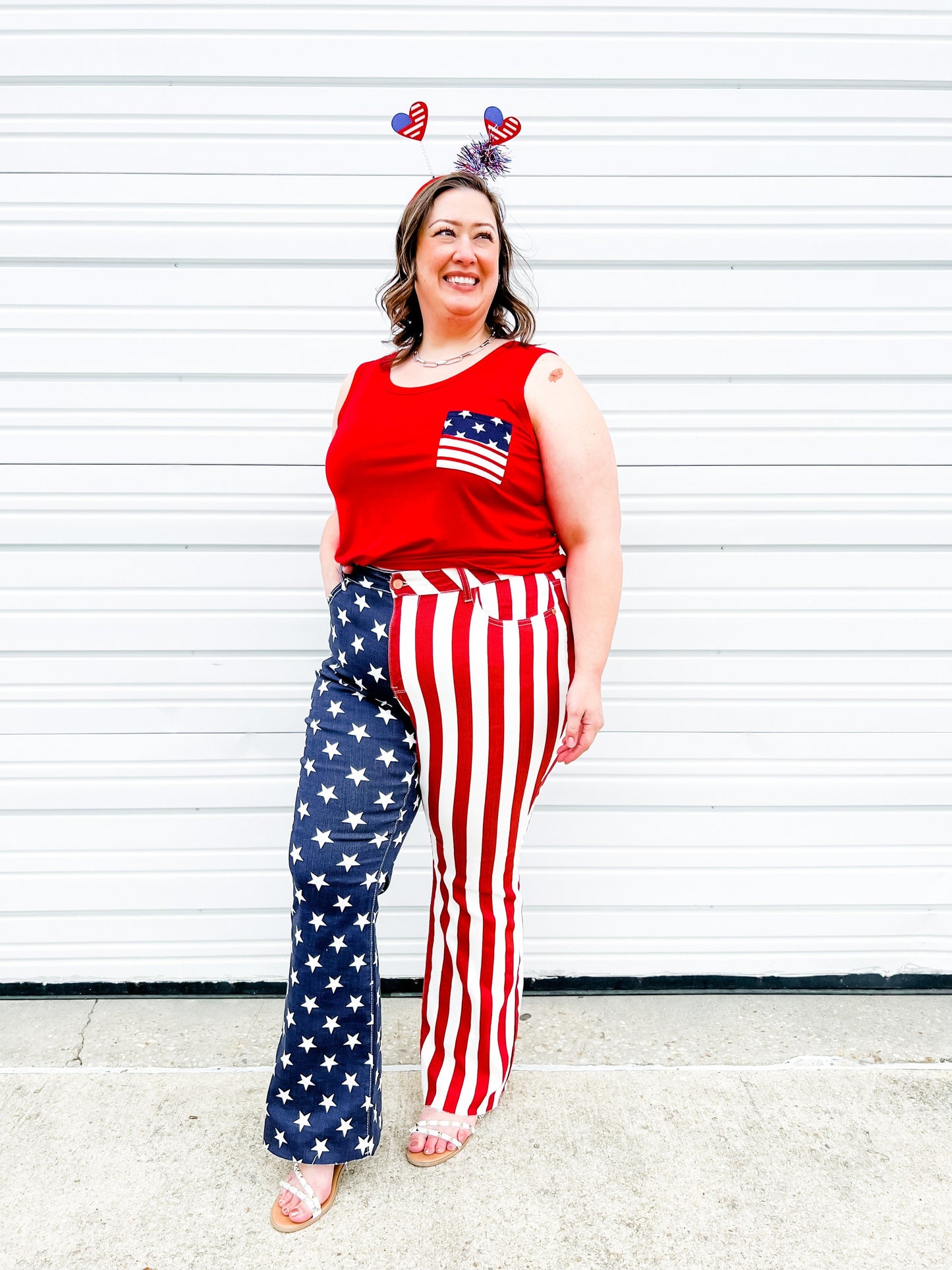 Judy Blue High Rise Stars and Stripes Print Raw Hem Flare Jeans