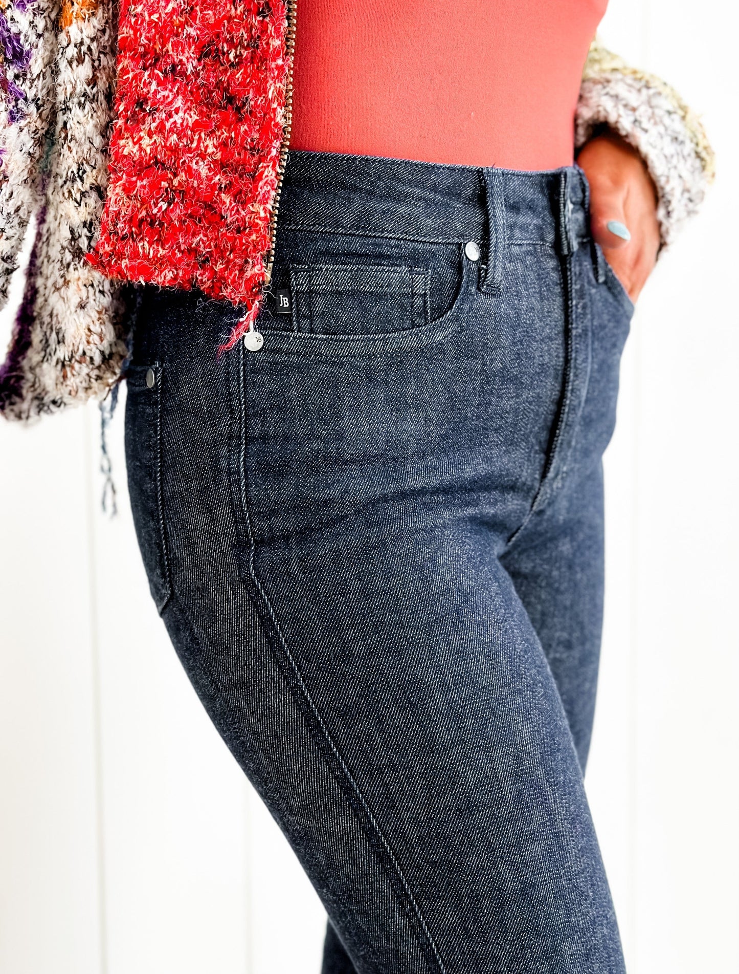Judy Blue Starry Night High Rise Dark Wash Tummy Control Top Raw Hem Jeans