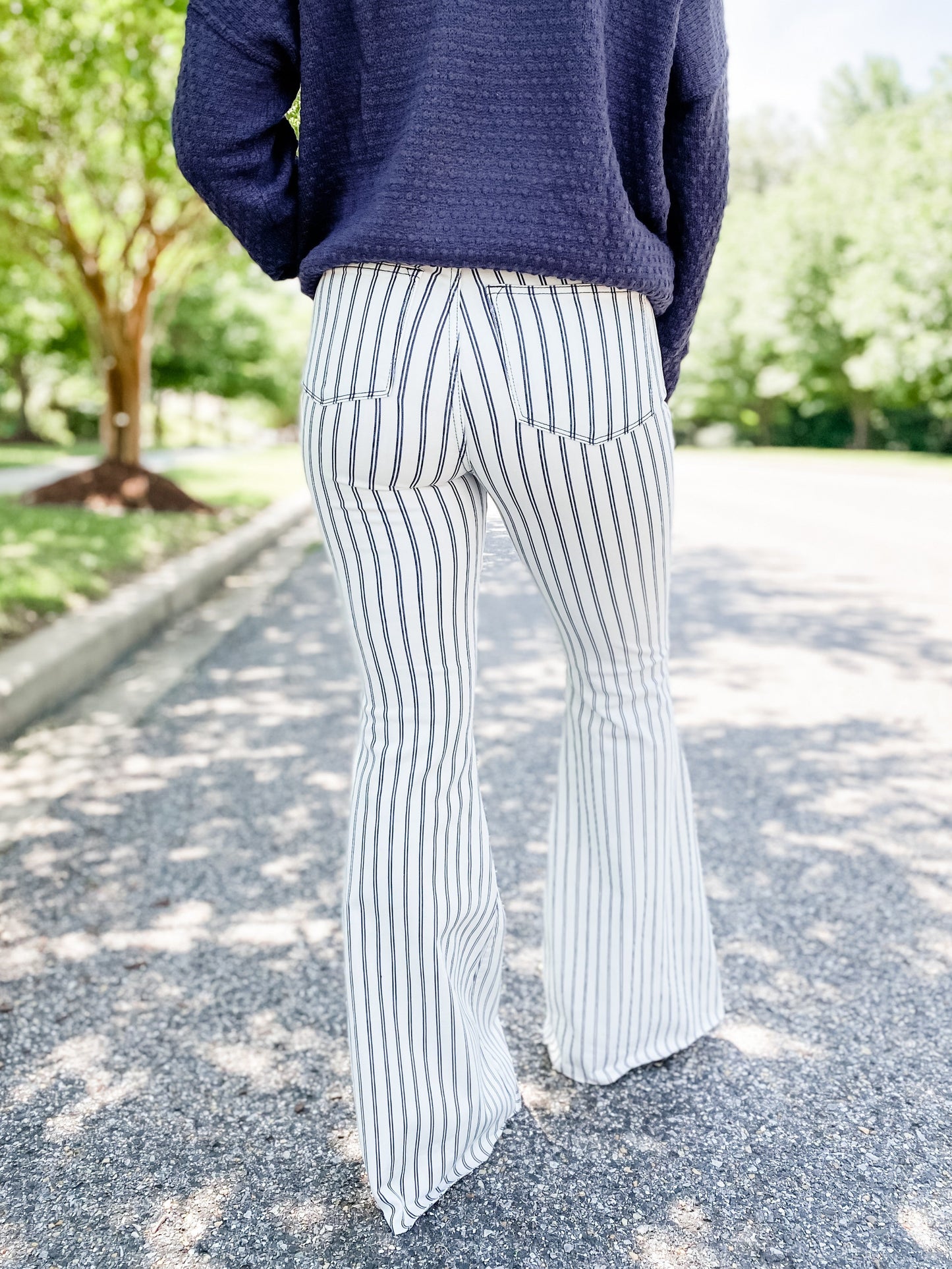 Judy Blue Long Inseam White Pinstripe Super Flare Jeans