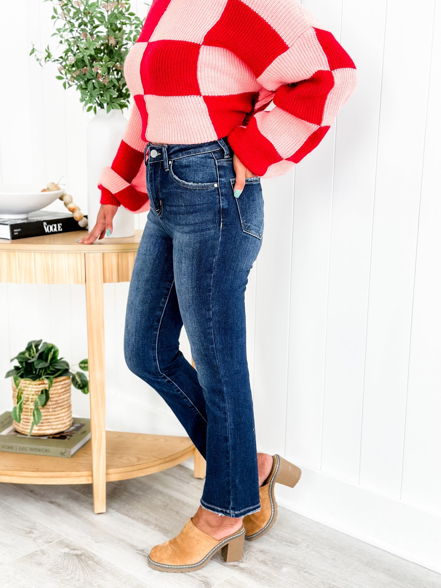 Risen Dark Wash High Rise Cropped Straight Leg Jeans