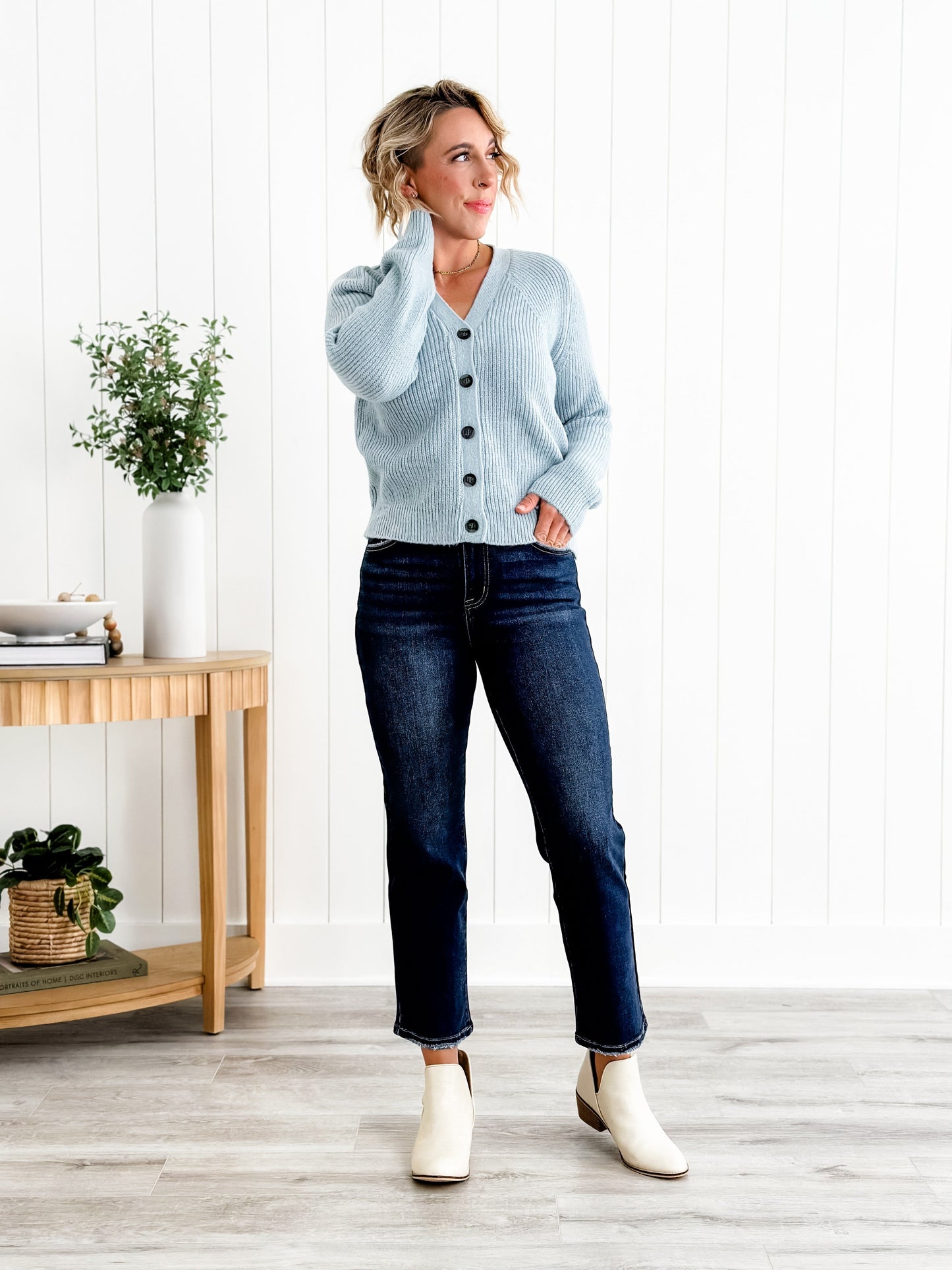 Risen Dark Wash High Rise Cropped Straight Leg Jeans