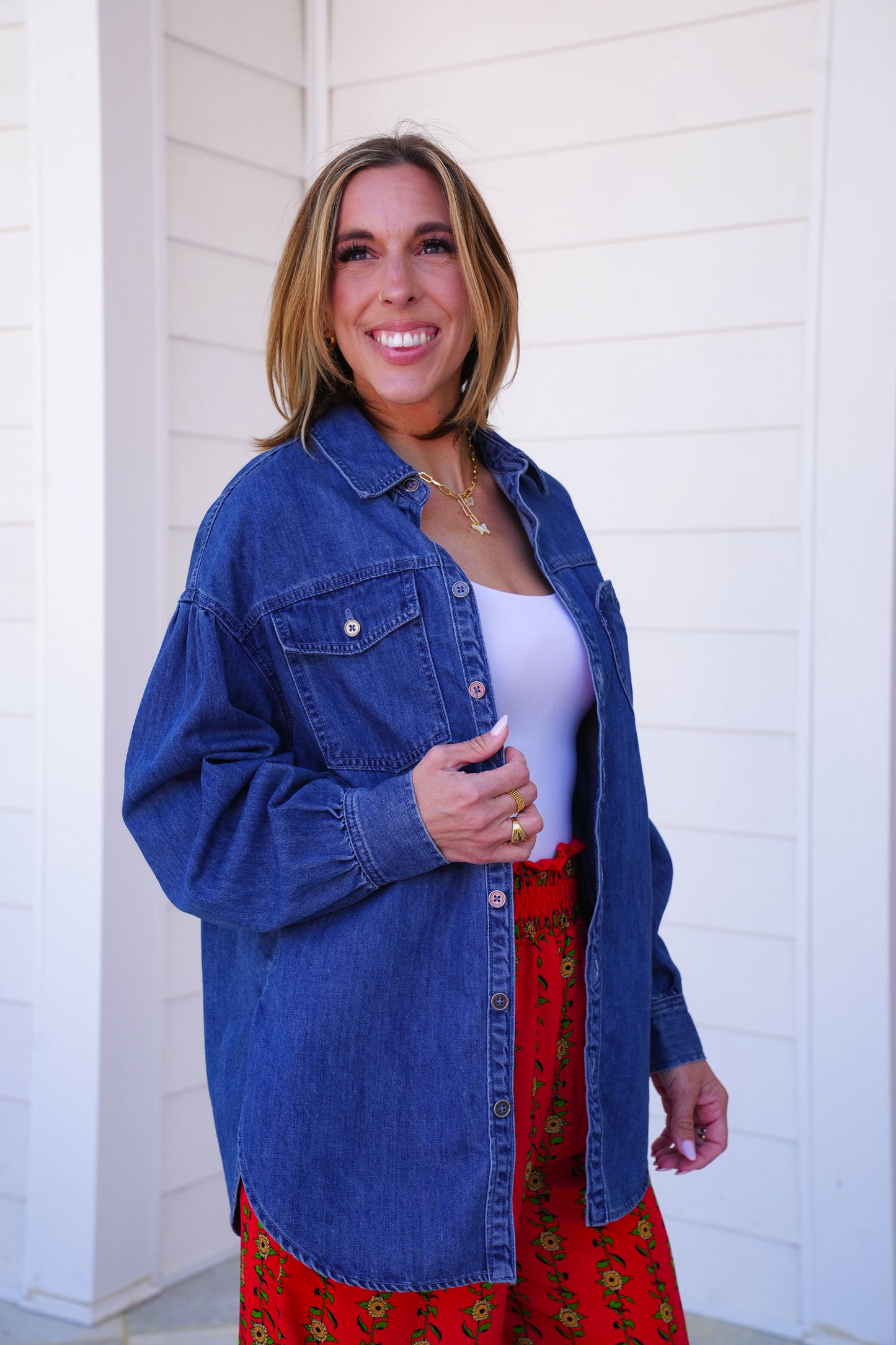 Dark Denim Long Sleeve Button Down Shacket with Heart Pocket Detail