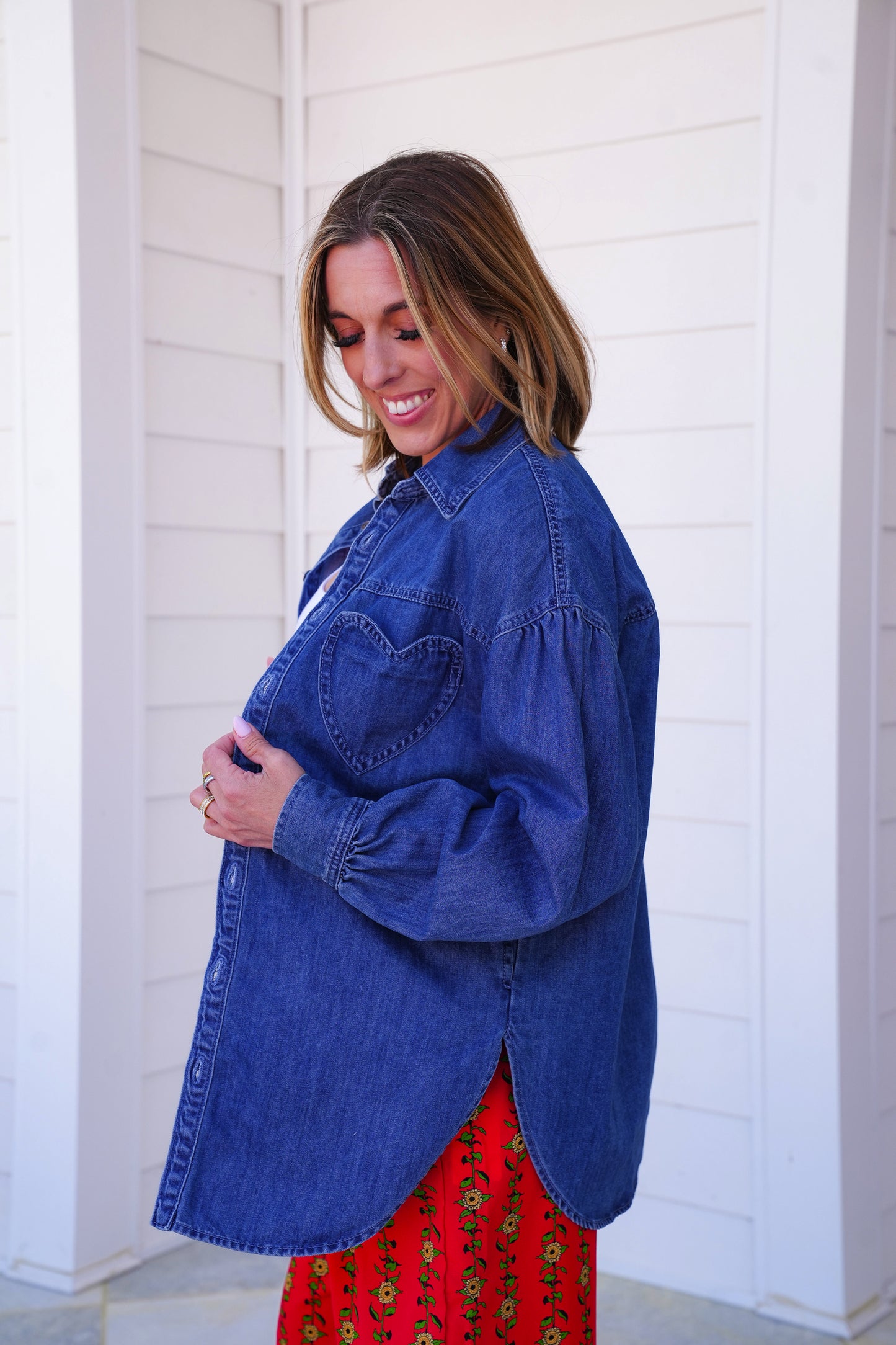 Dark Denim Long Sleeve Button Down Shacket with Heart Pocket Detail