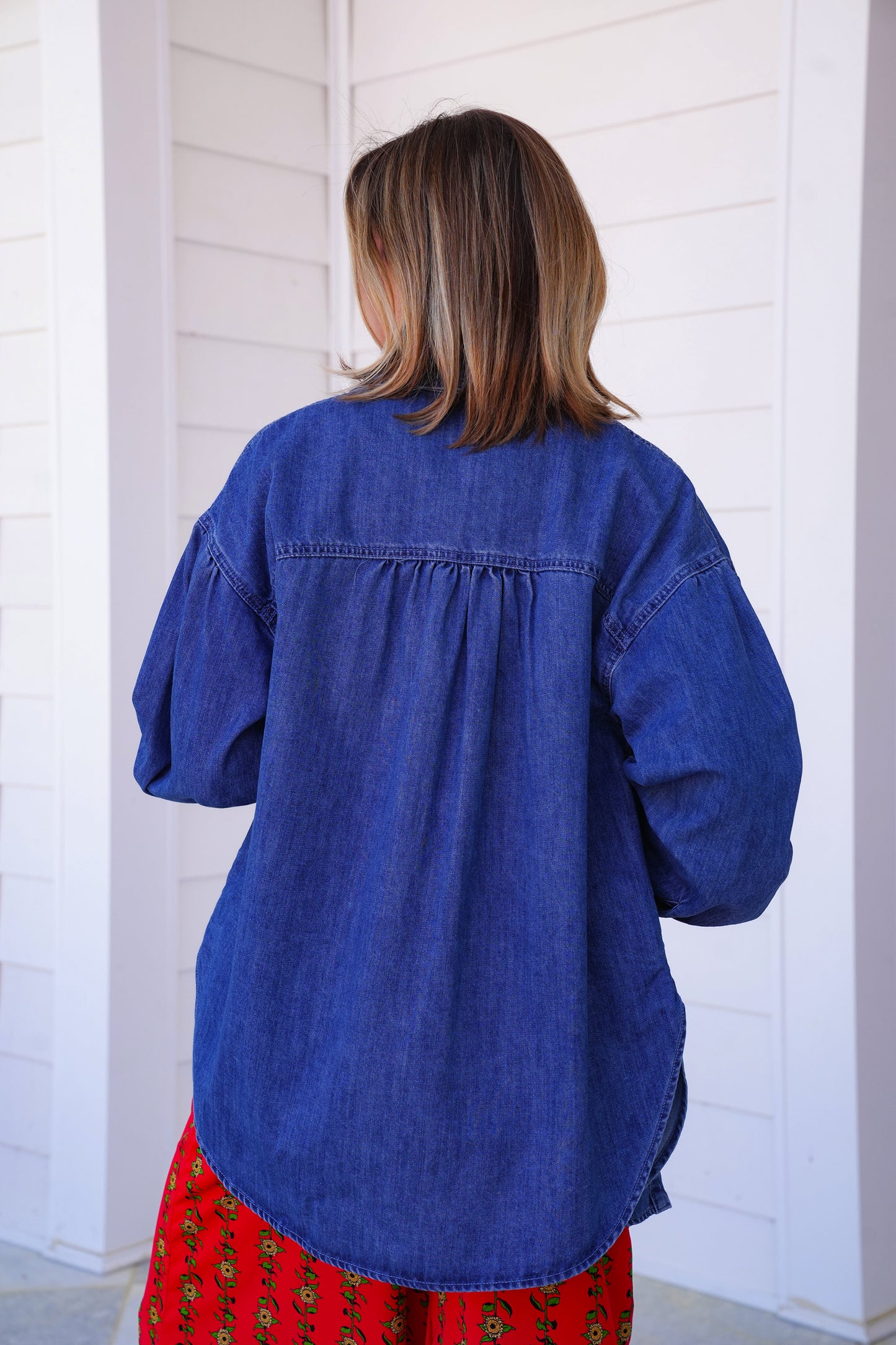 Dark Denim Long Sleeve Button Down Shacket with Heart Pocket Detail