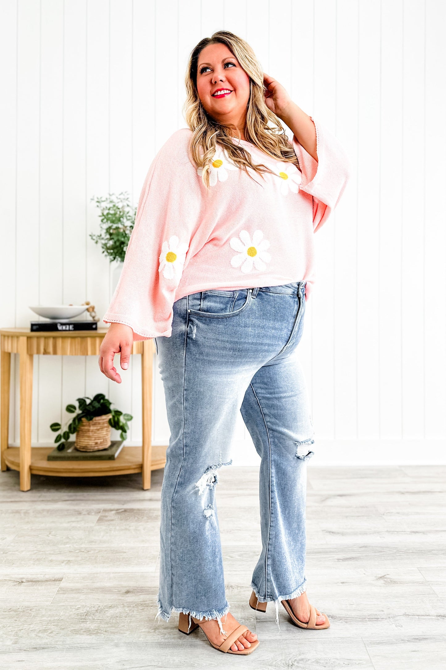Risen Stella Babe High Rise Light Wash Cropped Distressed Flare Jeans