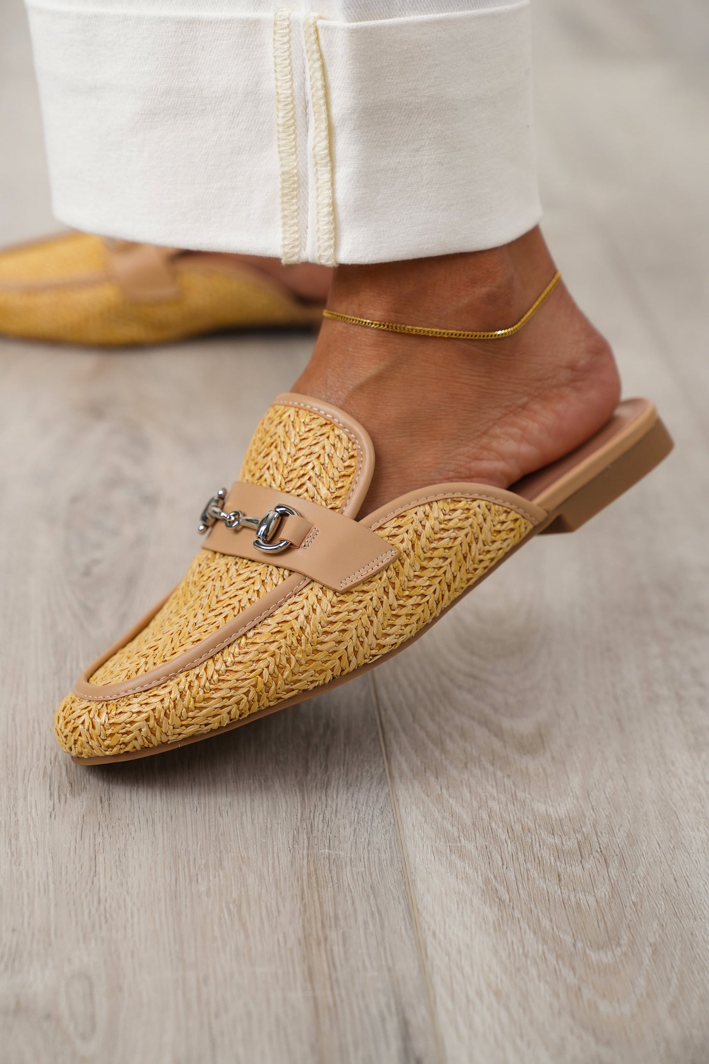 MIA Woven Raffia Mule Loafers with Metal Buckle
