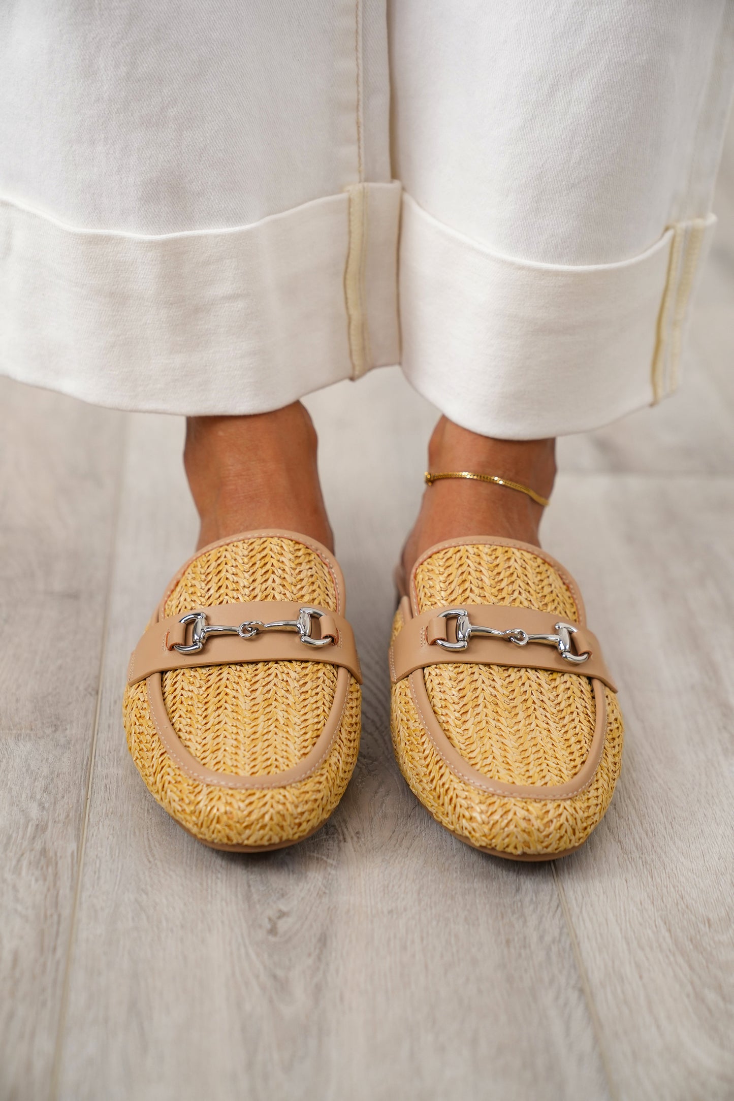 MIA Woven Raffia Mule Loafers with Metal Buckle