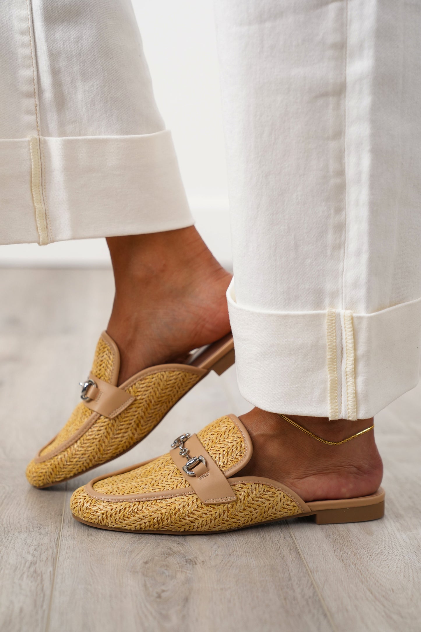 MIA Woven Raffia Mule Loafers with Metal Buckle