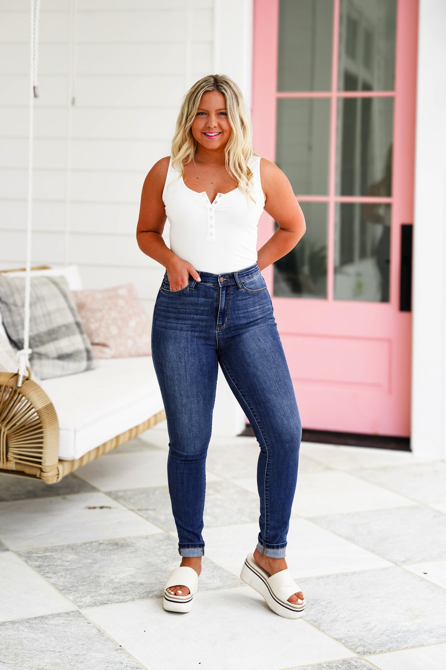 Judy Blue High Rise Medium Wash Cuffed Skinny Jeans