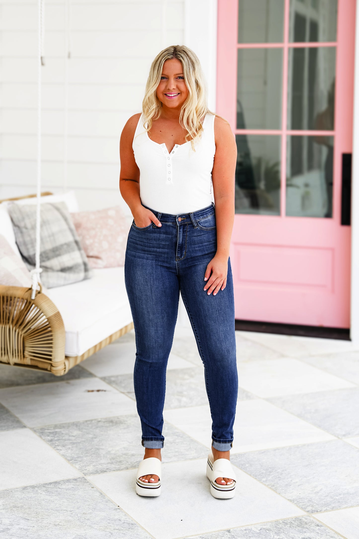 Judy Blue High Rise Medium Wash Cuffed Skinny Jeans