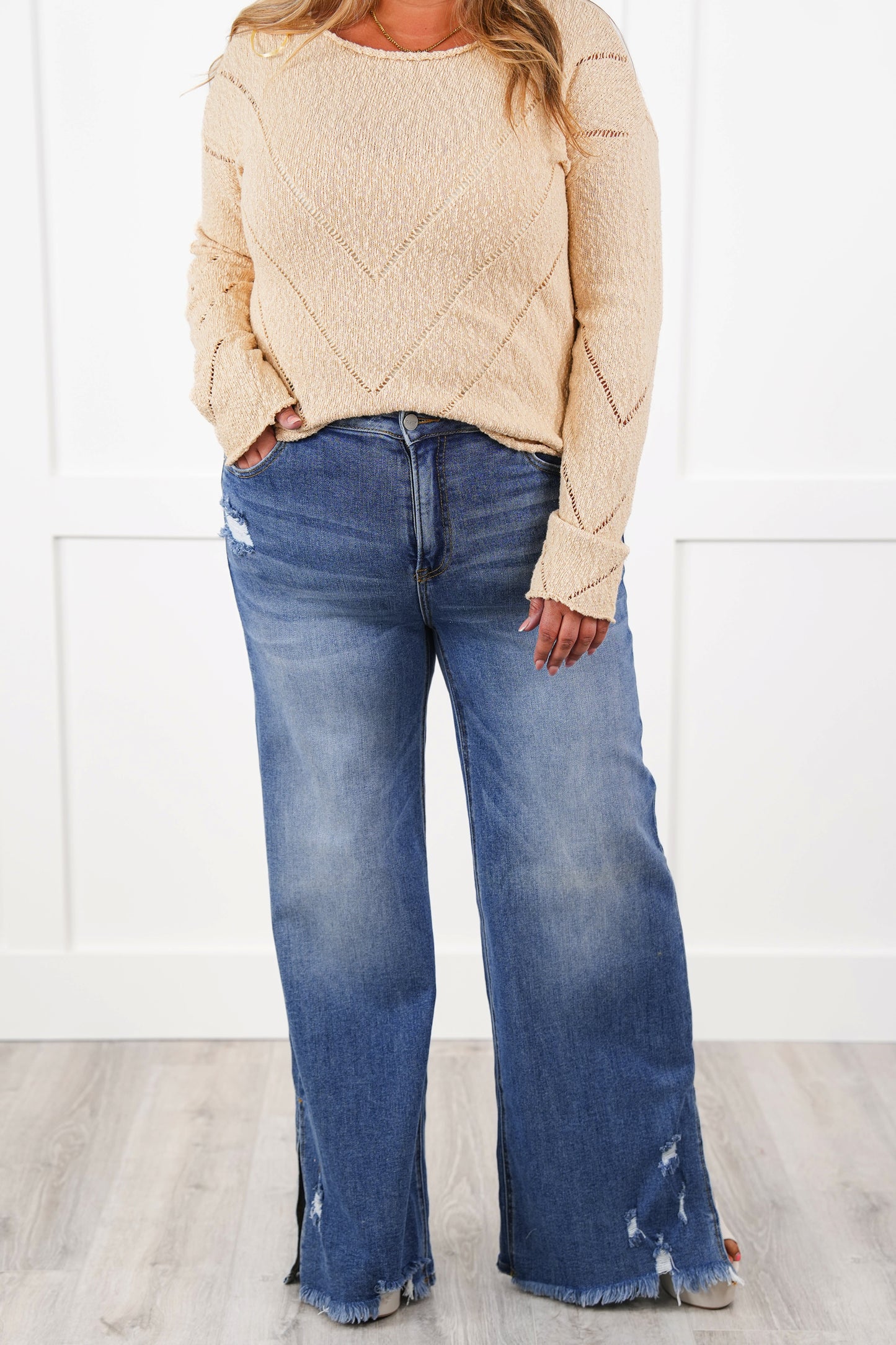 Risen High Rise Side Slit Wide Leg Jeans
