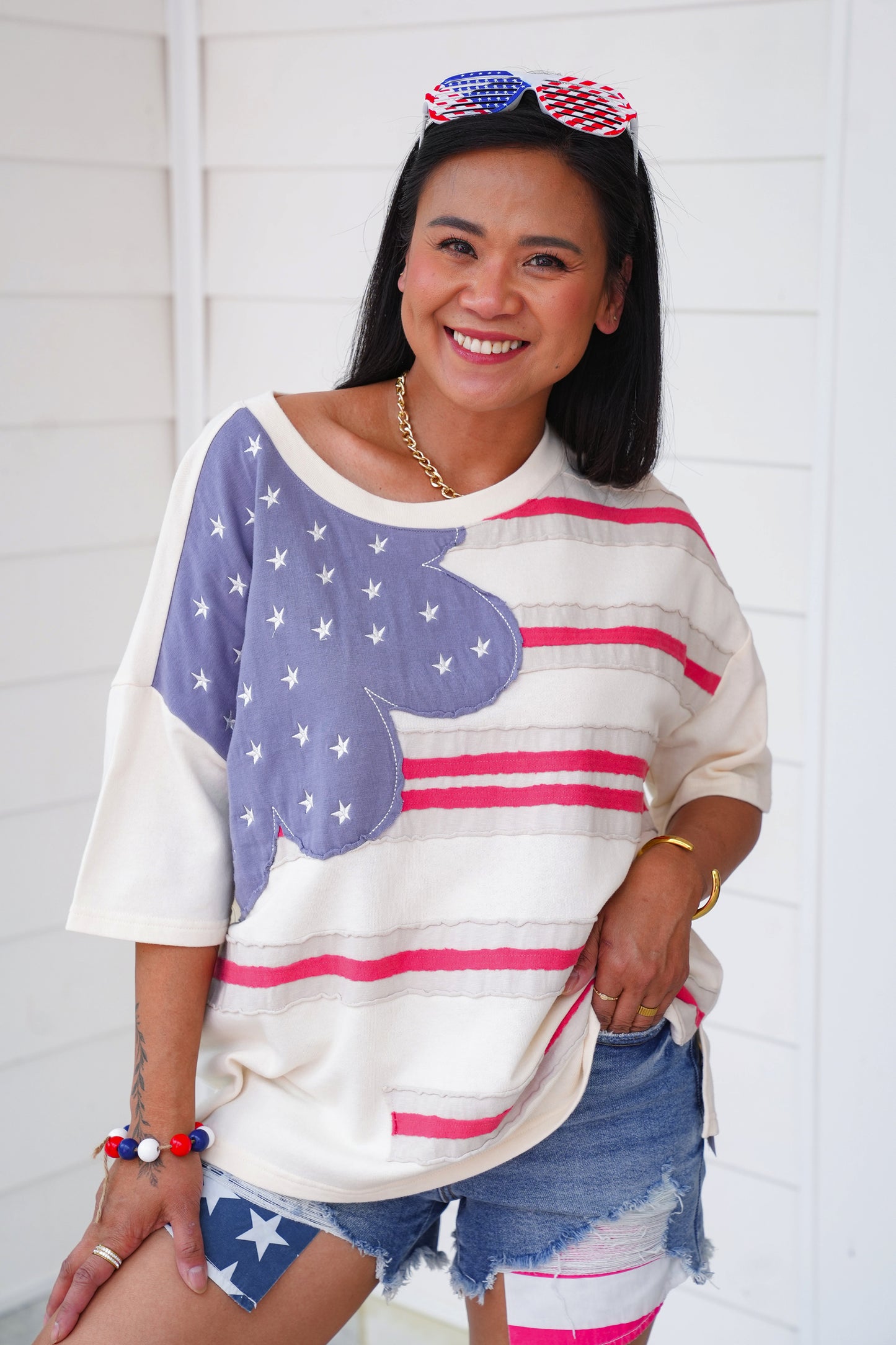 Stars And Stripes Patch Short Sleeve Terry Knit Top