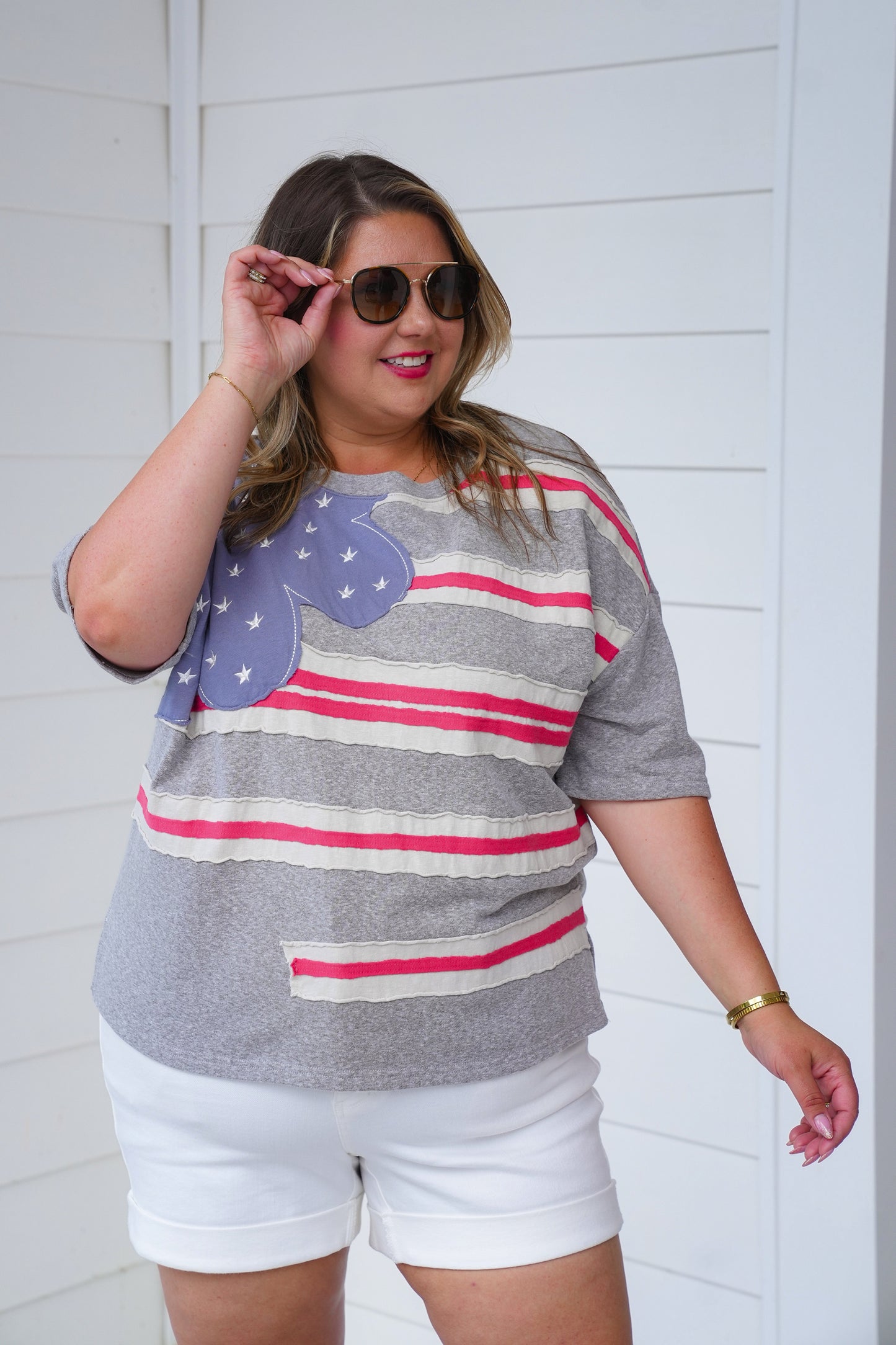 Stars And Stripes Patch Short Sleeve Terry Knit Top