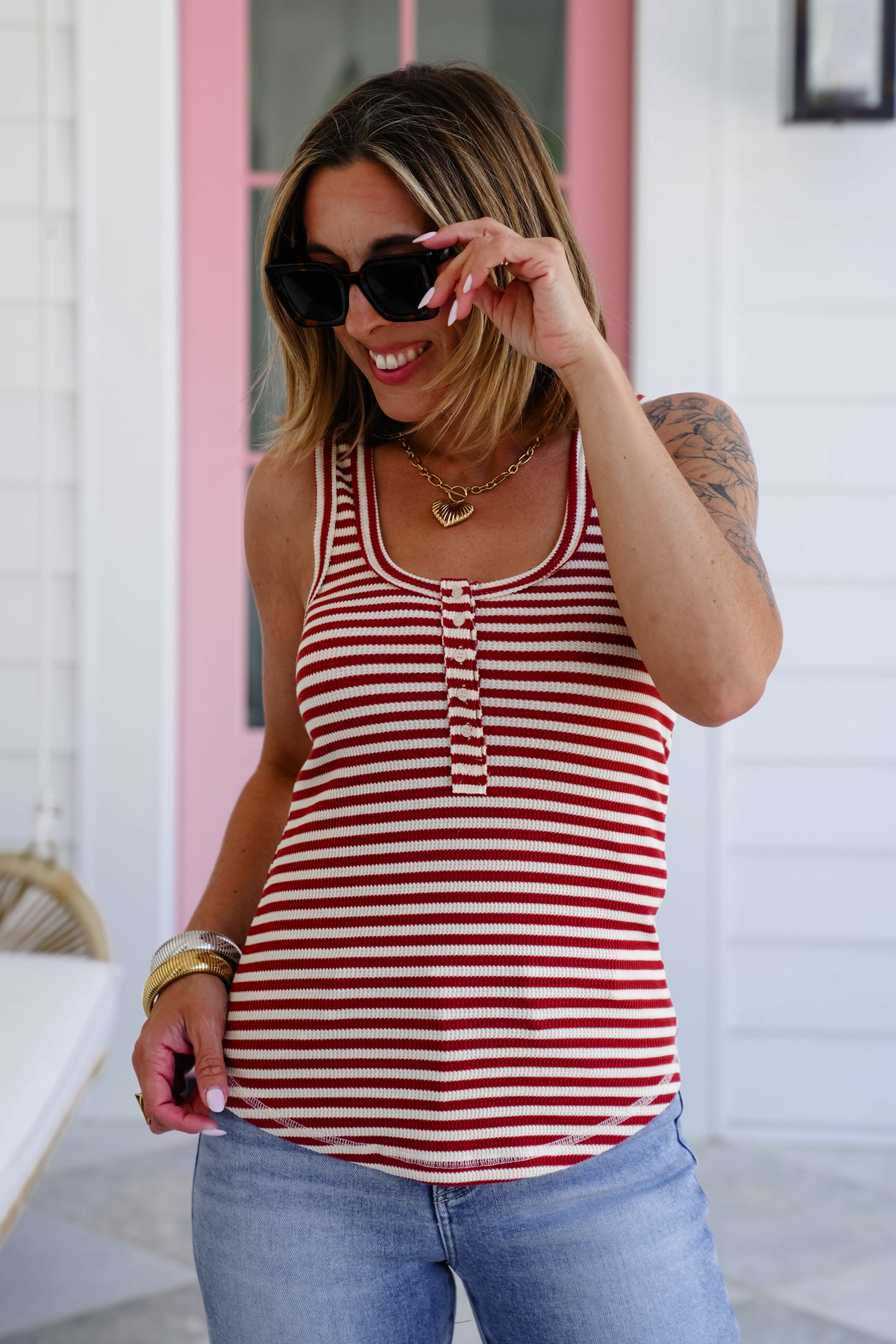 Stripe Sleeveless Button Up Tank Top