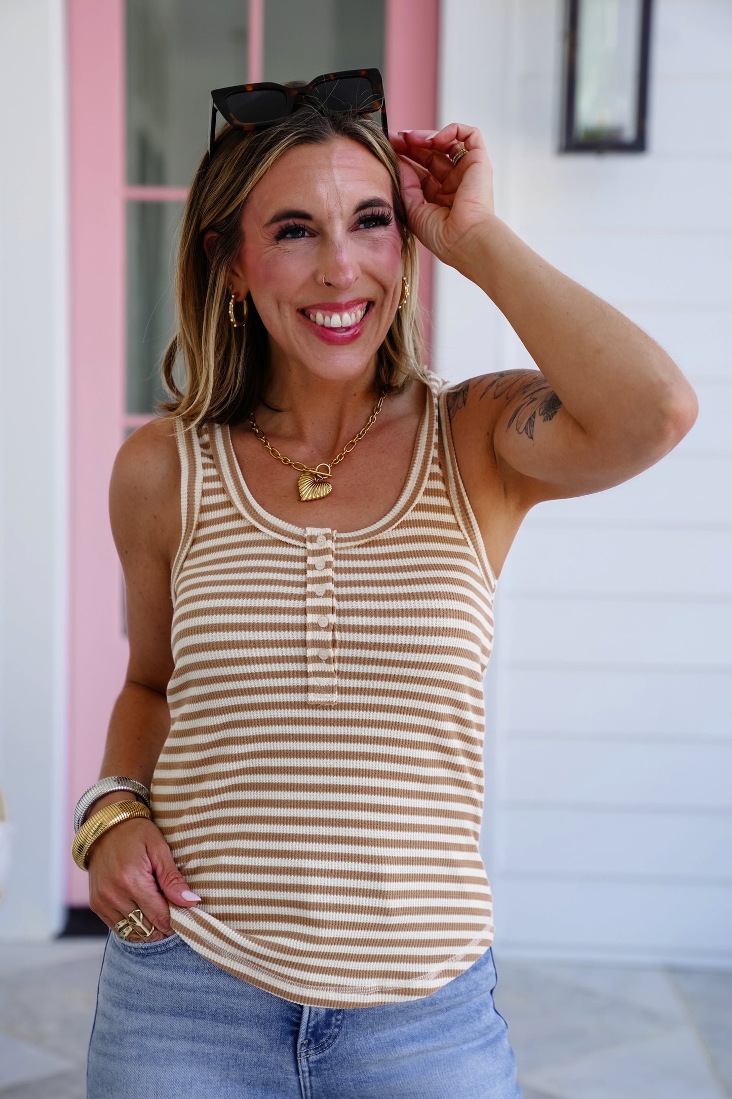 Stripe Sleeveless Button Up Tank Top