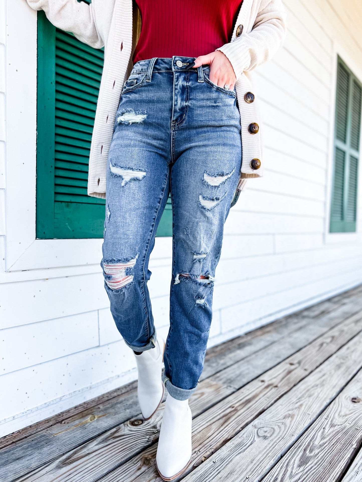 Judy Blue Boy Toy Light Wash High Rise Cuffed Boyfriend Distressed Jeans