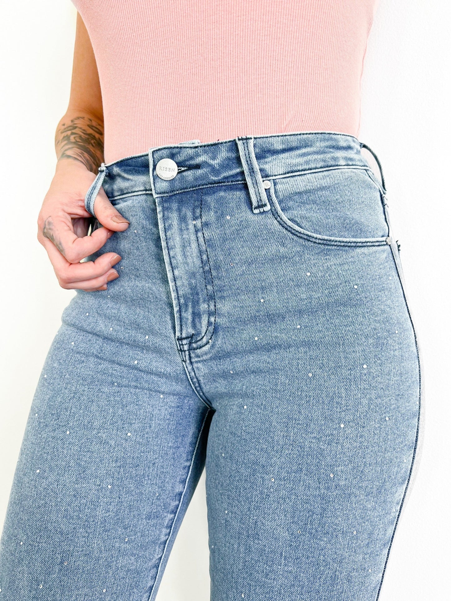 Risen Medium Wash High Rise Slim Straight Jeans With Rhinestones